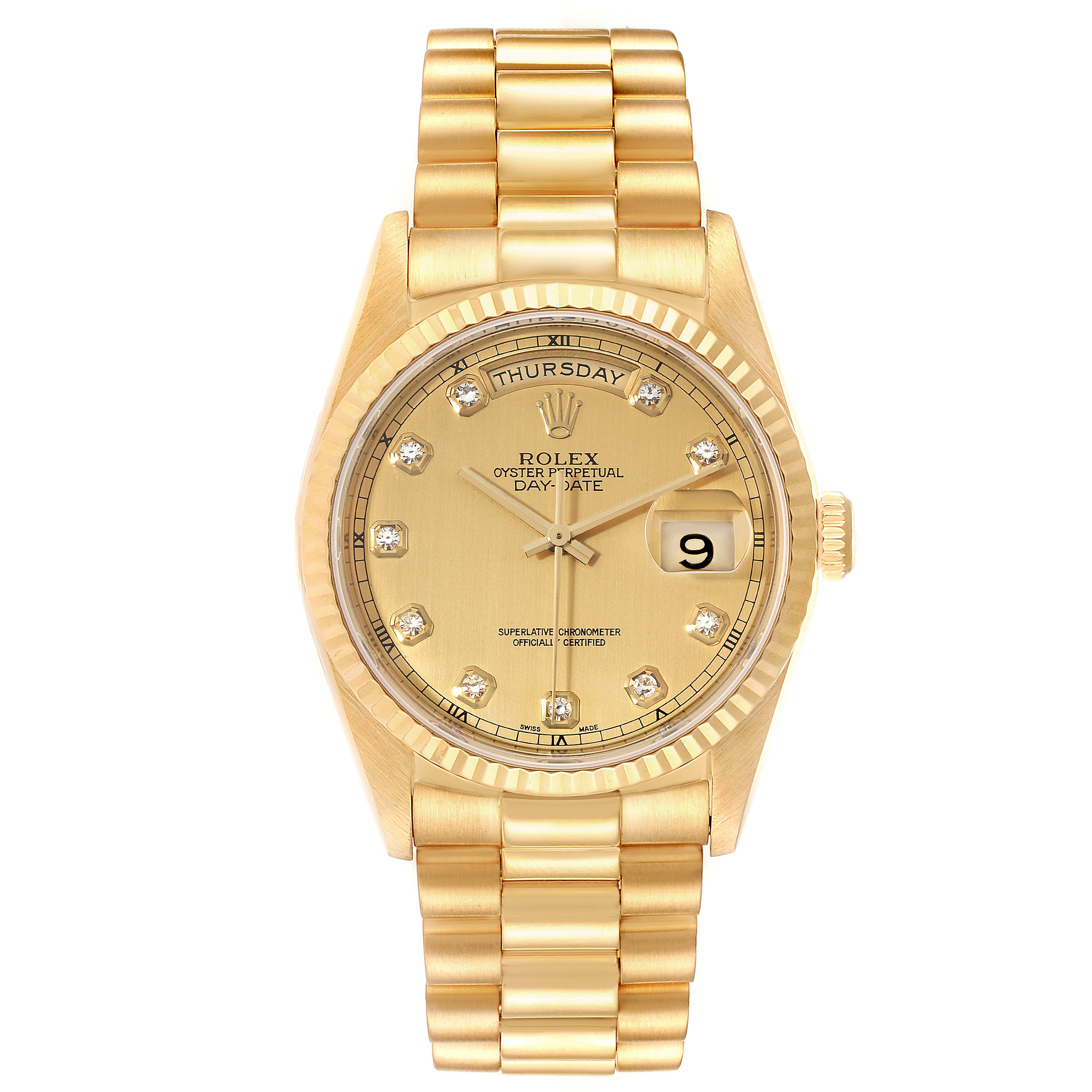 The image shows a front view of a Rolex President 18038 Men's Yellow Gold Champagne Dial 18038 Men's Yellow Gold Champagne Dial model watch, showcasing its golden dial, bracelet, and diamond hour markers.