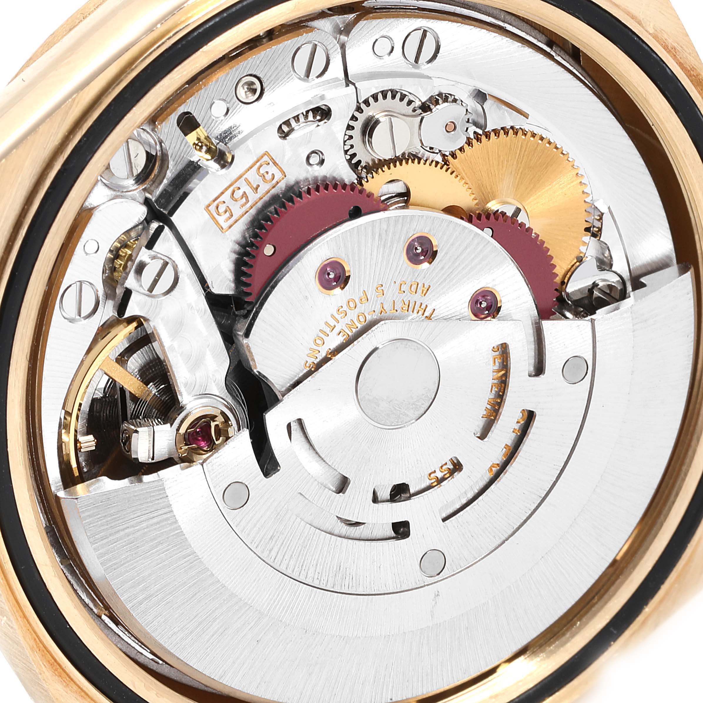 The image shows the detailed internal mechanism of a Rolex President 18038 Men's Yellow Gold Champagne Dial 18038 Men's Yellow Gold Champagne Dial model watch at a close-up angle.