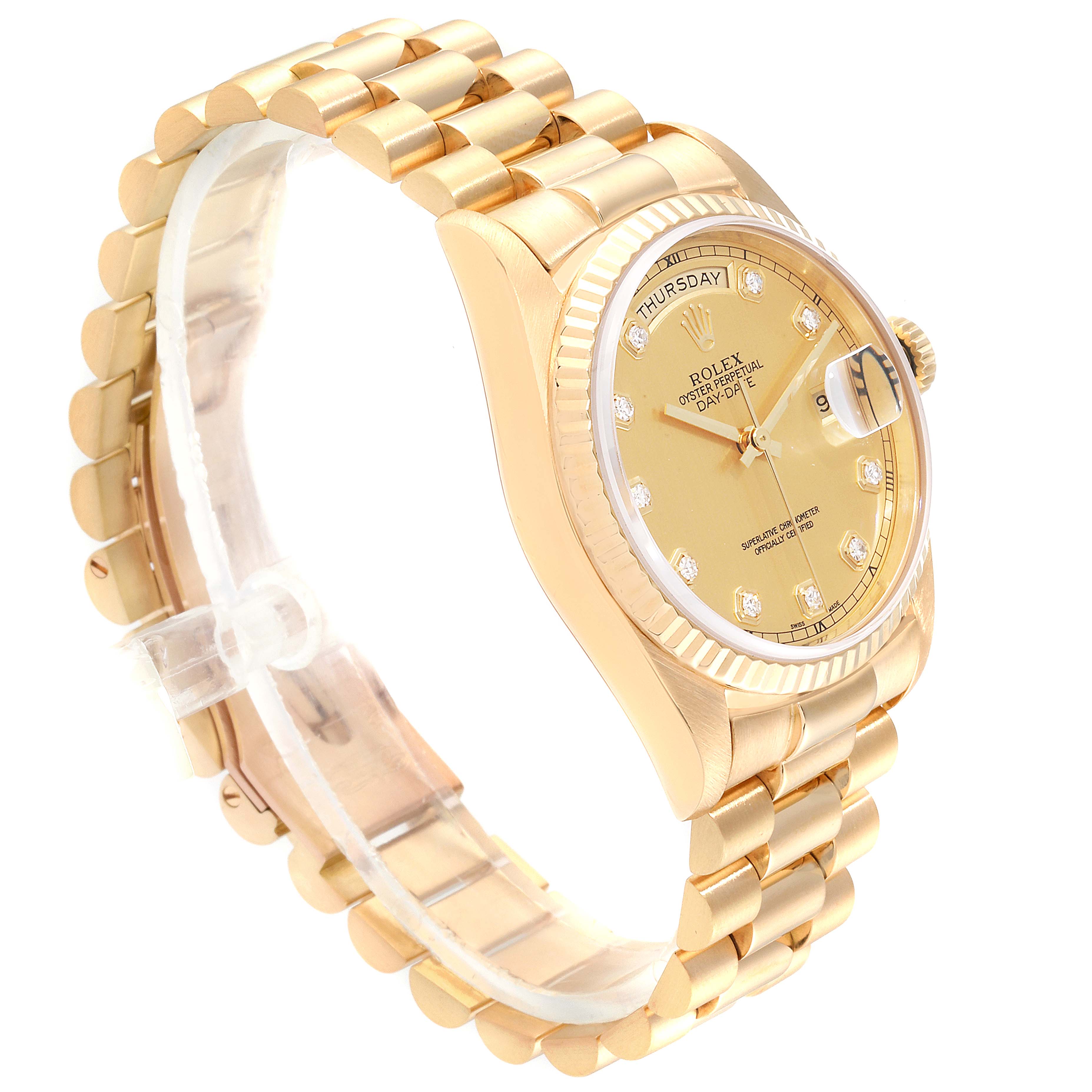 The image shows the side and front view of a Rolex President 18038 Men's Yellow Gold Champagne Dial 18038 Men's Yellow Gold Champagne Dial model watch, highlighting its gold bracelet, case, and dial.