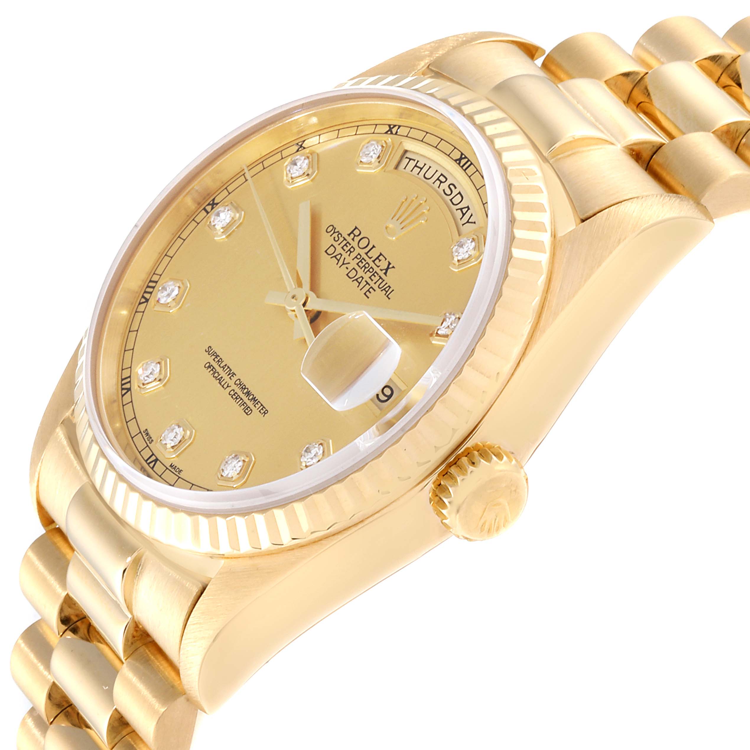 The Rolex President 18038 Men's Yellow Gold Champagne Dial 18038 Men's Yellow Gold Champagne Dial model is shown at an angle highlighting the dial, case, crown, and part of the bracelet.