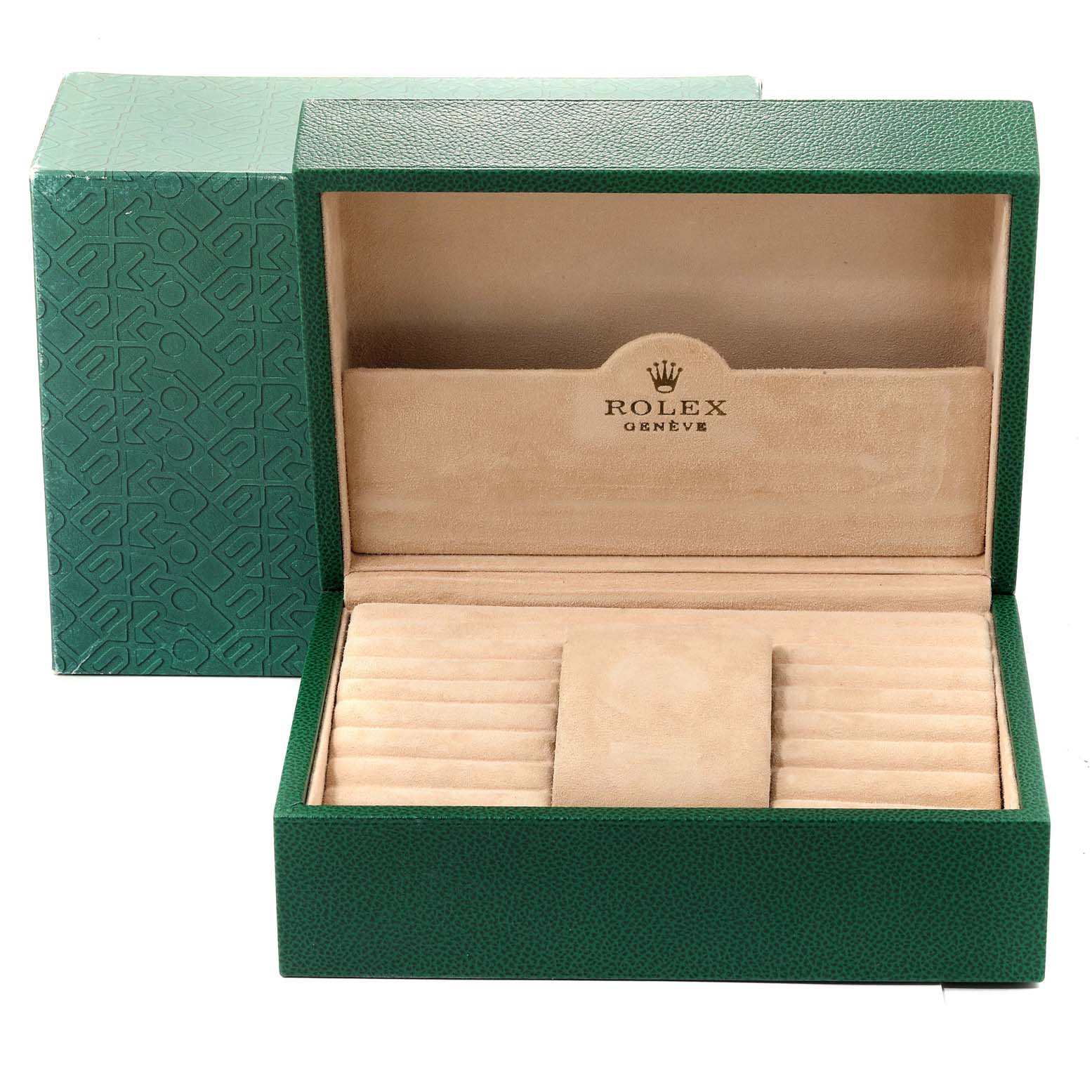 The image shows an open Rolex President 18038 Men's Yellow Gold Champagne Dial 18038 Men's Yellow Gold Champagne Dial model watch box, displaying its interior storage compartments.