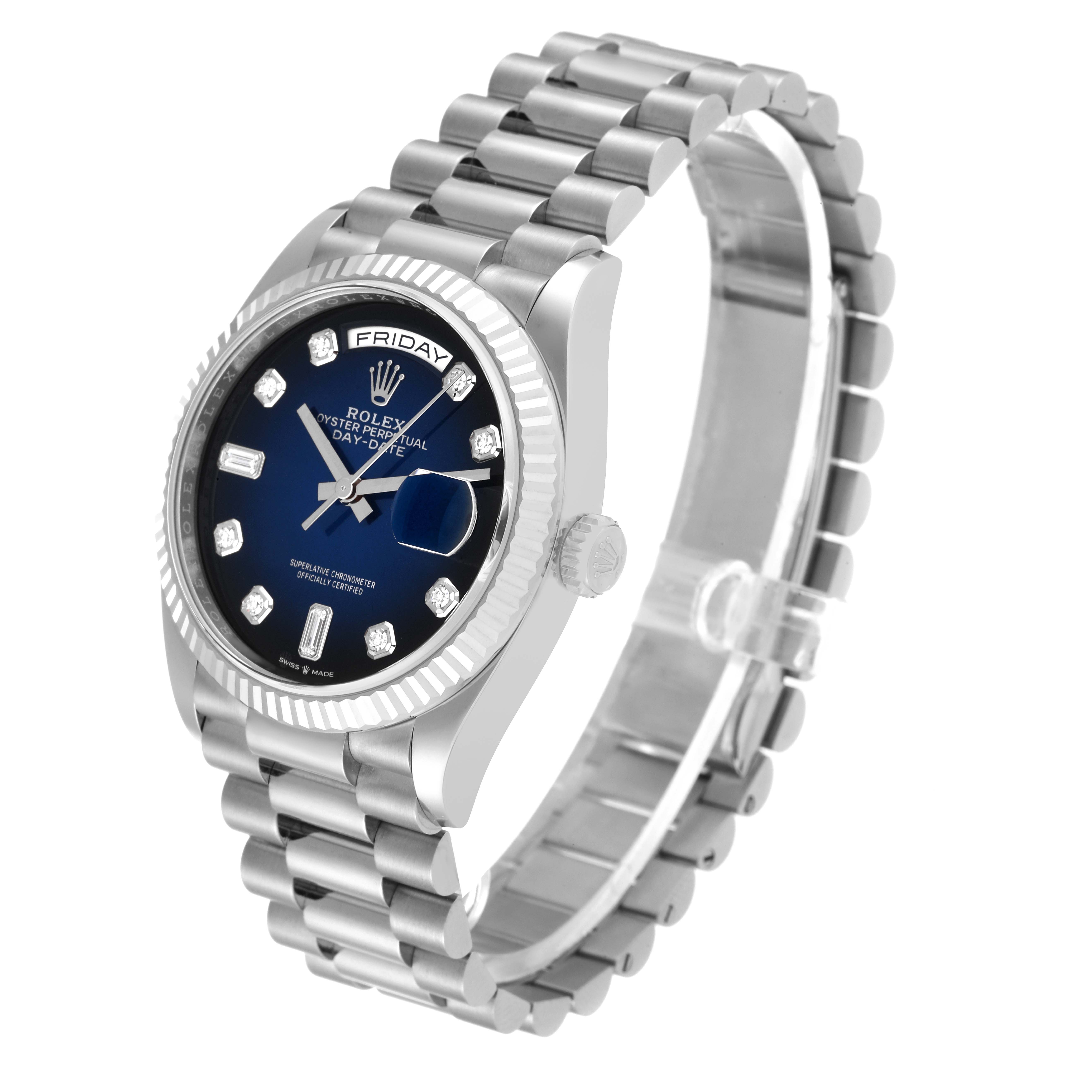 This image shows a Rolex President 128239 Men
s White Gold Blue Dial 128239 Men
s White Gold Blue Dial model watch from an angled top-right perspective, highlighting the dial, bezel, and bracelet.