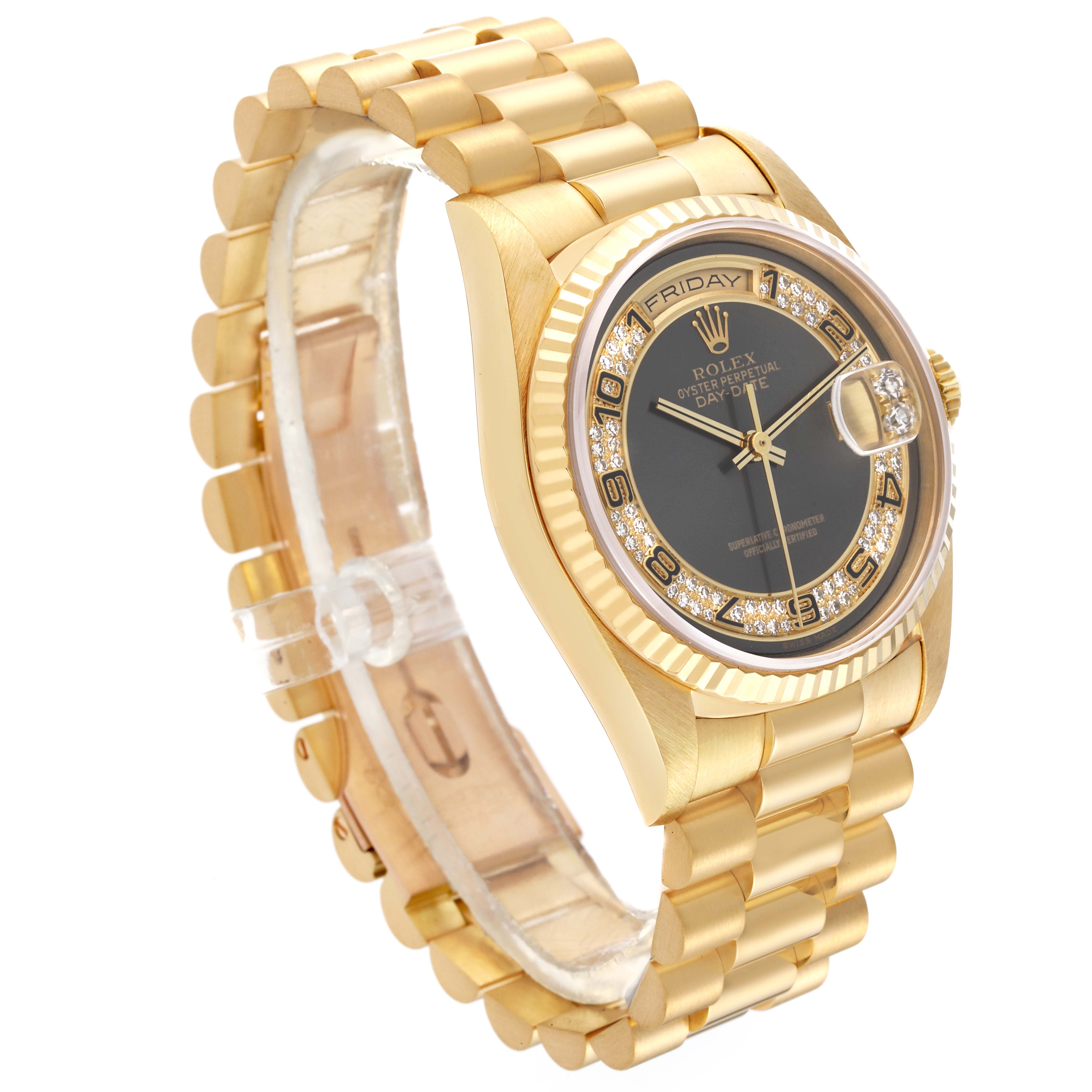 The image shows a Rolex President 18238 Men's Yellow Gold Grey Dial 18238 Men's Yellow Gold Grey Dial model watch at an angled side view, highlighting its gold bracelet, black dial, and diamond markers.