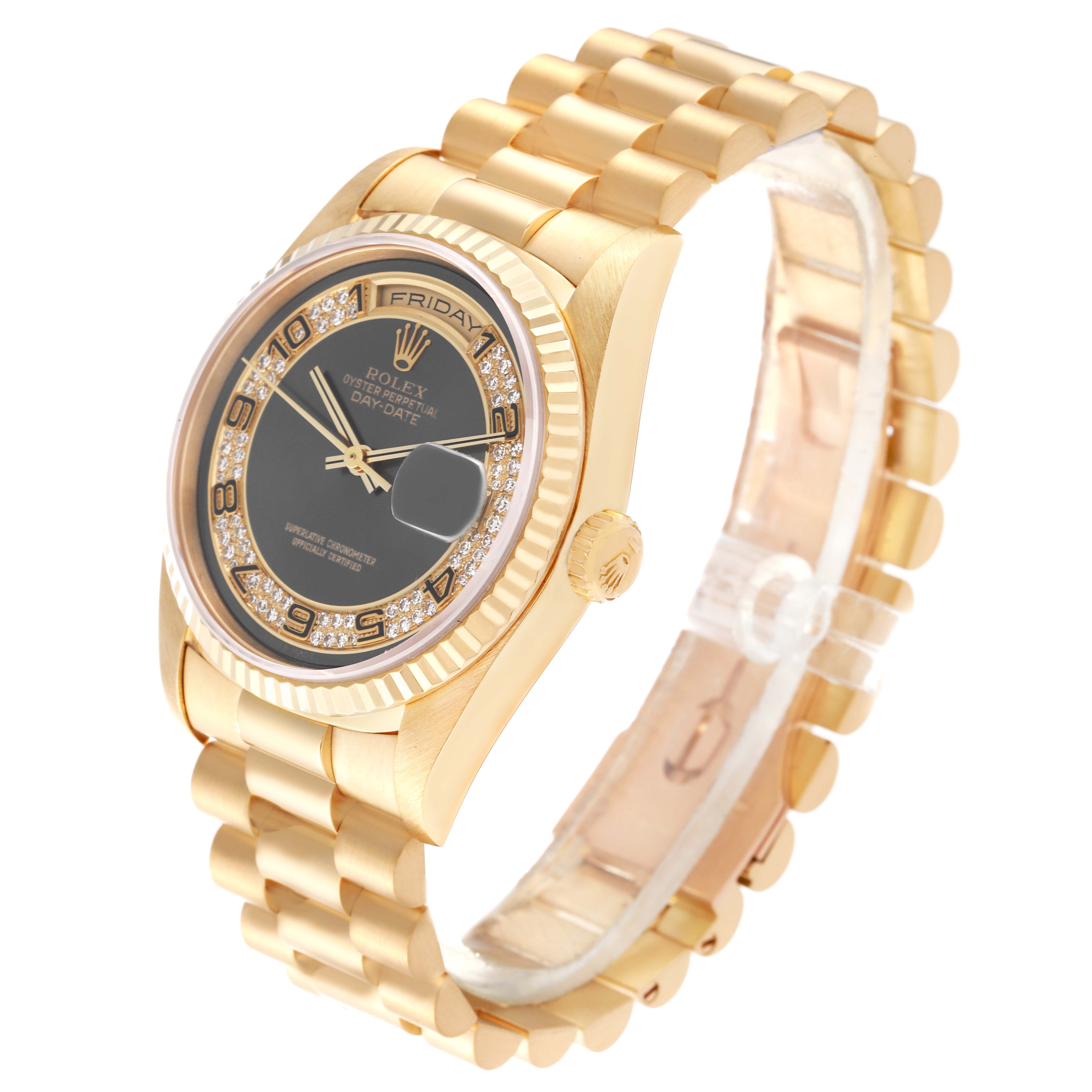 The Rolex President 18238 Men's Yellow Gold Grey Dial 18238 Men's Yellow Gold Grey Dial model watch is shown at an angle displaying the face, bezel, and bracelet in gold.
