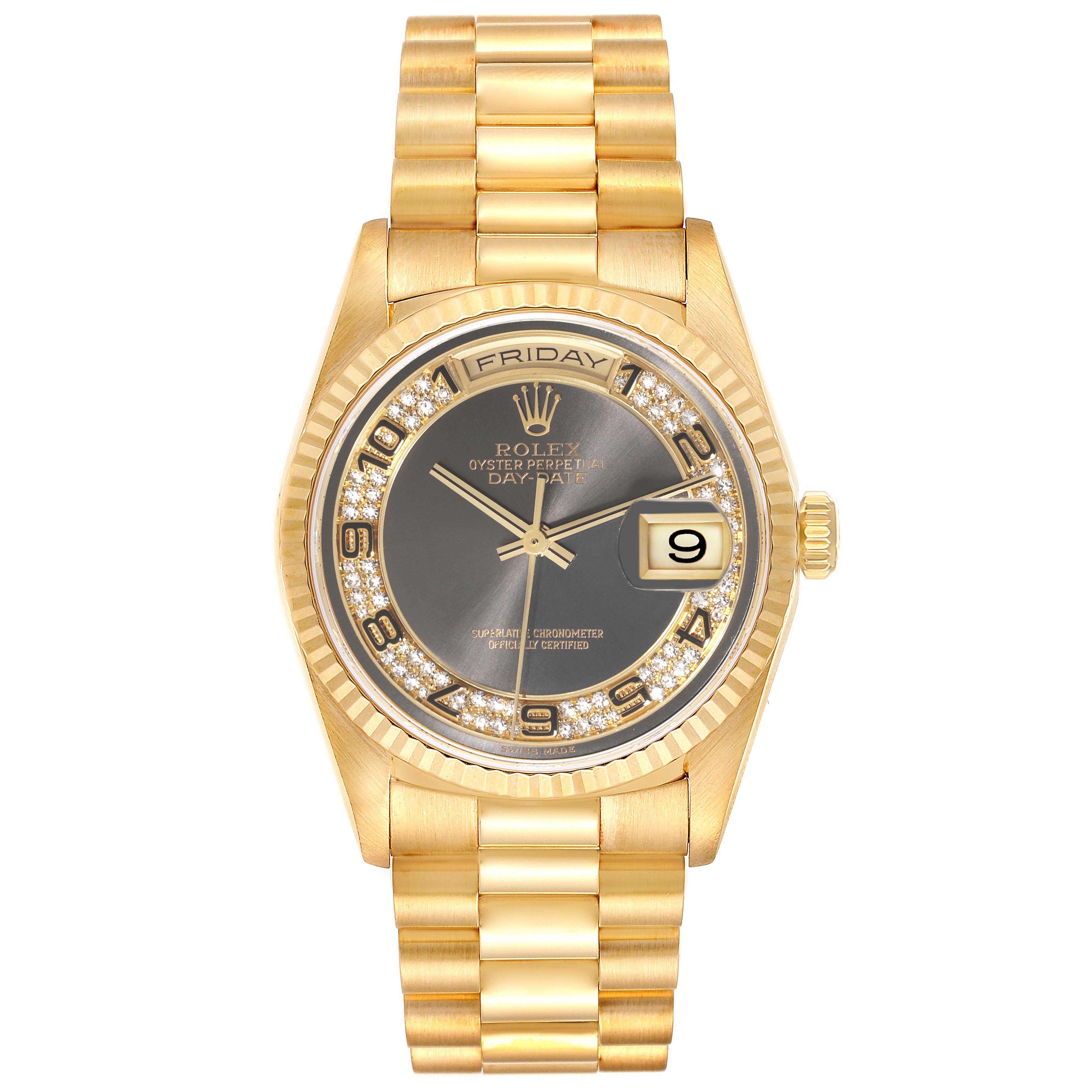 This image shows a front view of a Rolex President 18238 Men's Yellow Gold Grey Dial 18238 Men's Yellow Gold Grey Dial model watch, displaying the face, dial, bracelet, and day/date windows.