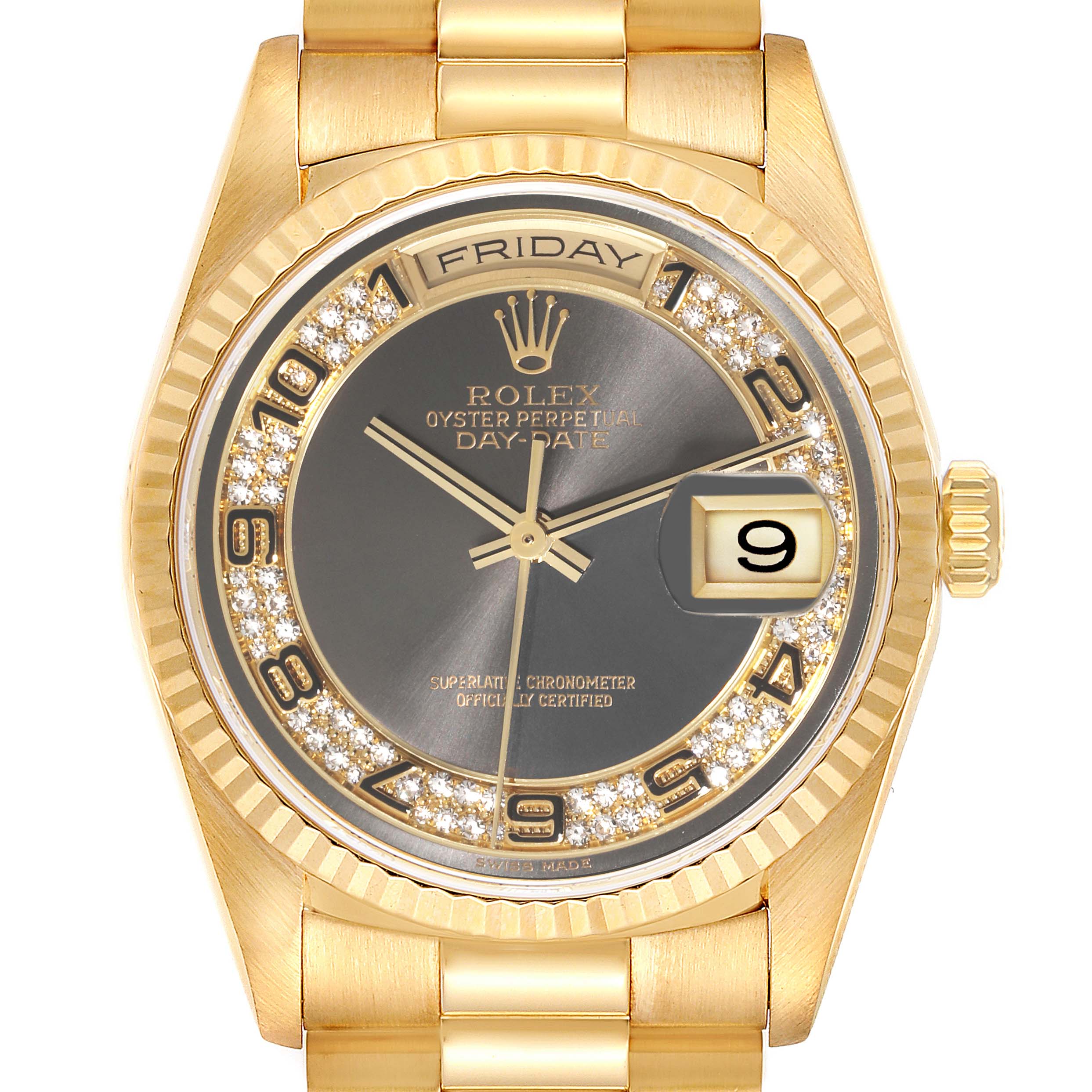 The image shows a frontal view of a Rolex President 18238 Men's Yellow Gold Grey Dial 18238 Men's Yellow Gold Grey Dial model watch, featuring a gold case, black dial, diamond hour markers, and day-date display.