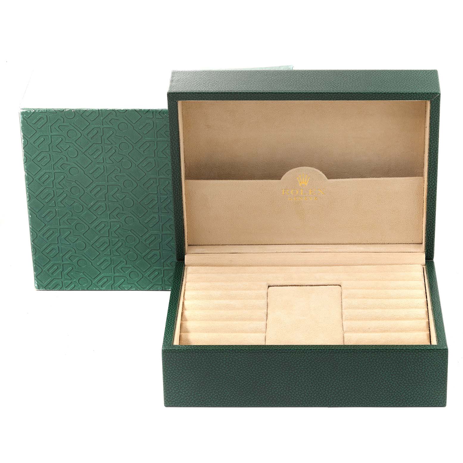 The image shows an open green box for a Rolex President 18238 Men's Yellow Gold Grey Dial 18238 Men's Yellow Gold Grey Dial model watch, featuring a beige interior with the brand logo.