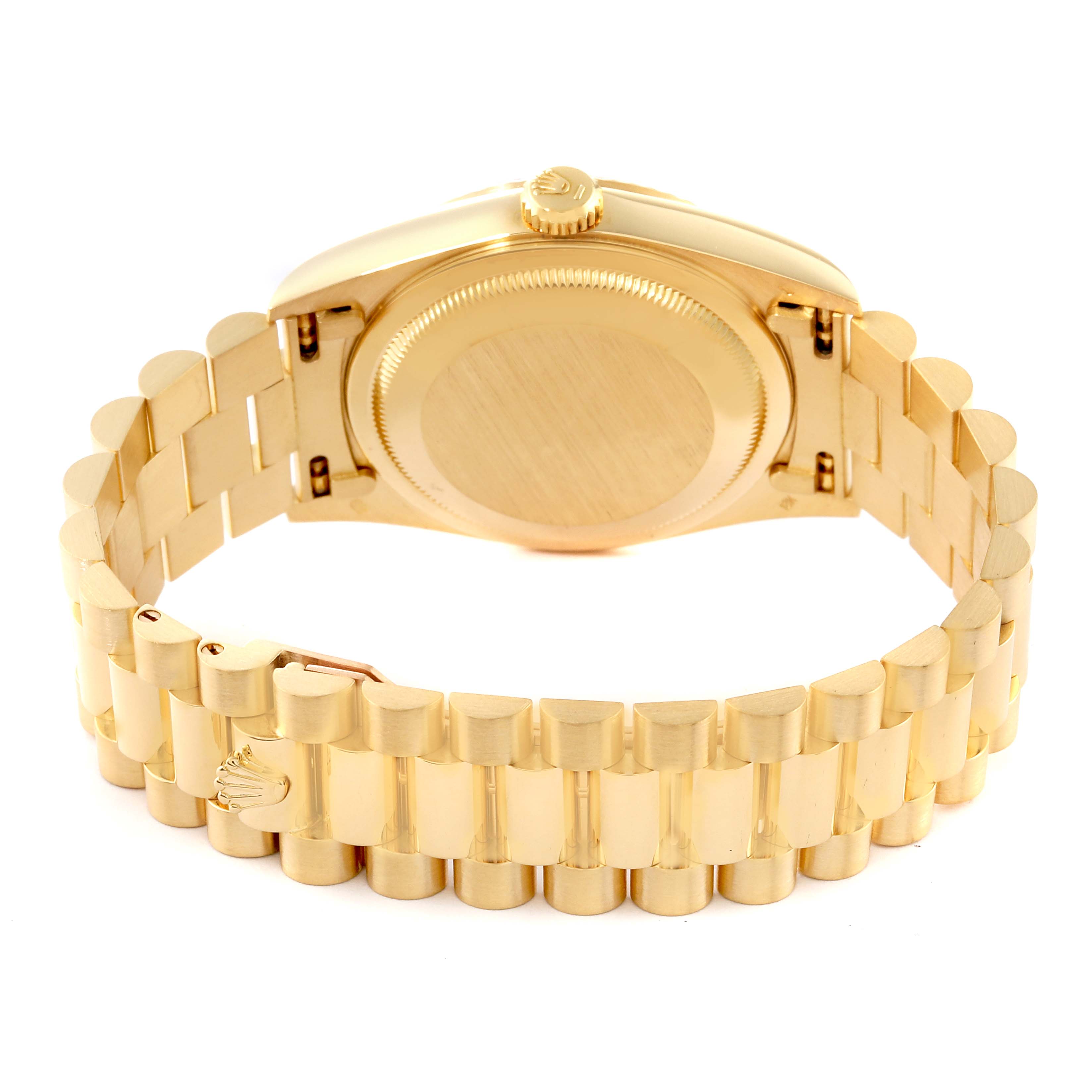 The image shows the back view of the Rolex President 18238 Men's Yellow Gold Grey Dial 18238 Men's Yellow Gold Grey Dial model watch, highlighting the case back and bracelet.