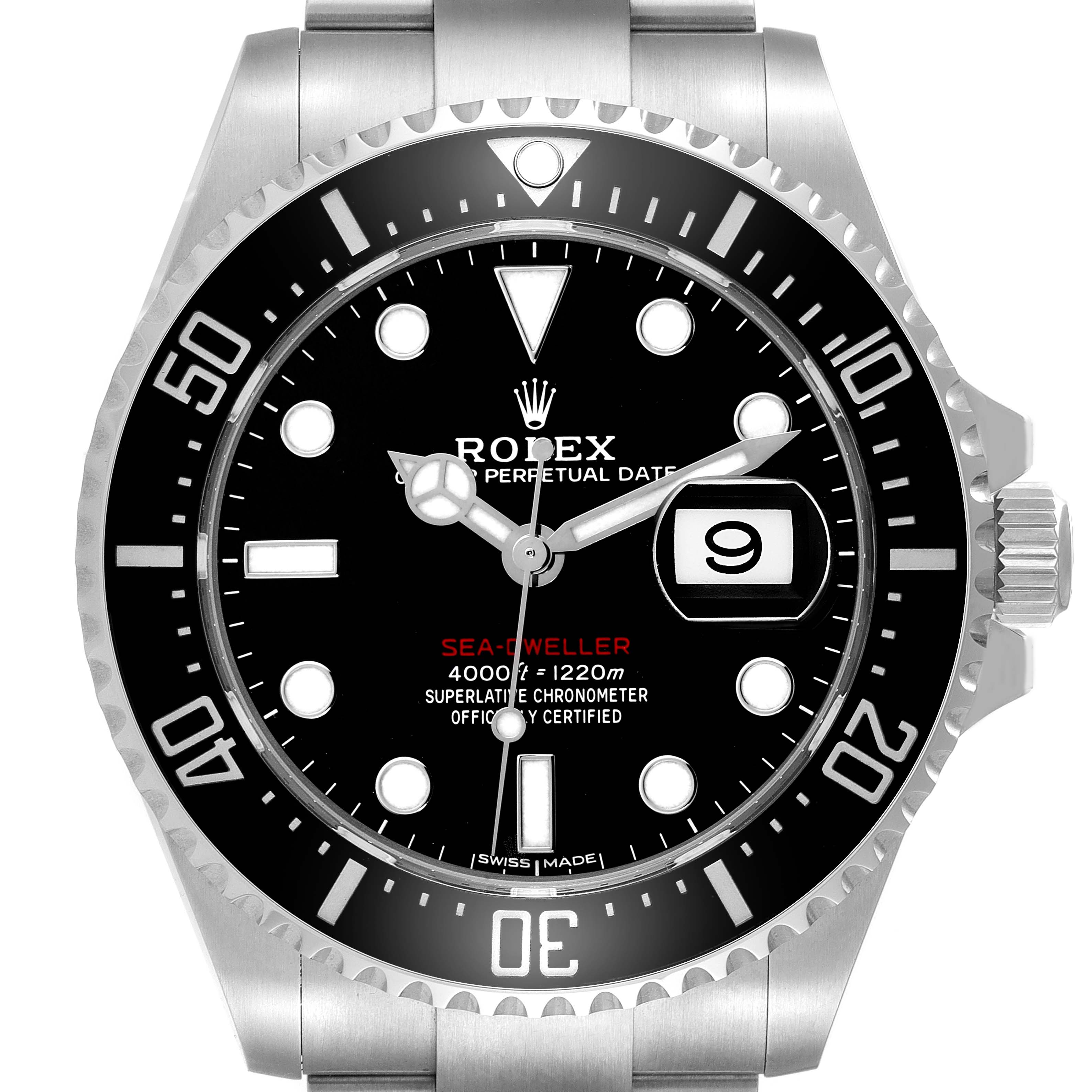 The Rolex Sea-Dweller 126600 Men
s Stainless Steel Black Dial watch is shown head-on, highlighting the dial, bezel, and date window.