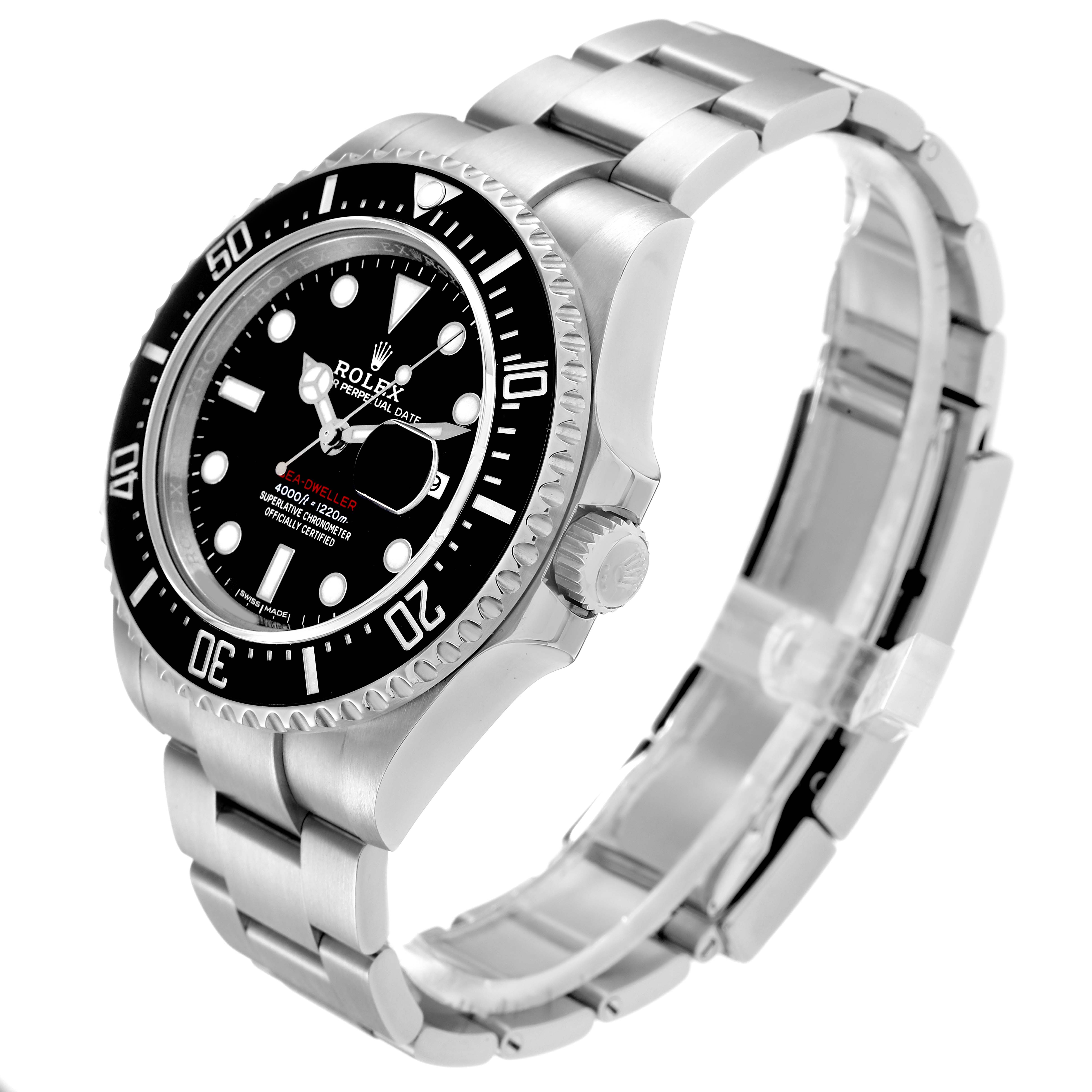 The Rolex Sea-Dweller 126600 Men
s Stainless Steel Black Dial watch is shown at an angled side view, displaying the face, bezel, crown, and part of the bracelet.