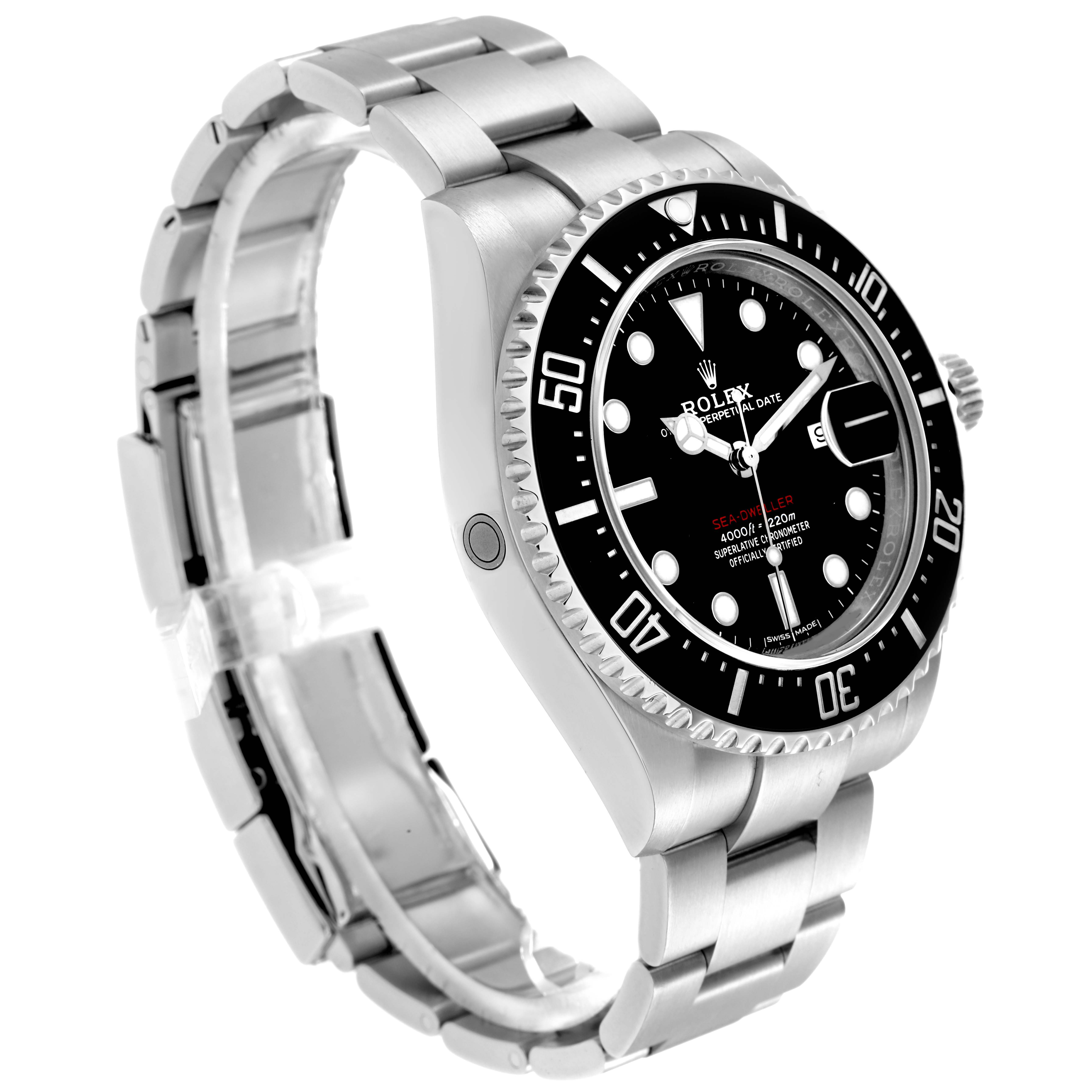 The Rolex Sea-Dweller 126600 Men
s Stainless Steel Black Dial is shown from a front-left angle, highlighting the bezel, dial, and bracelet.