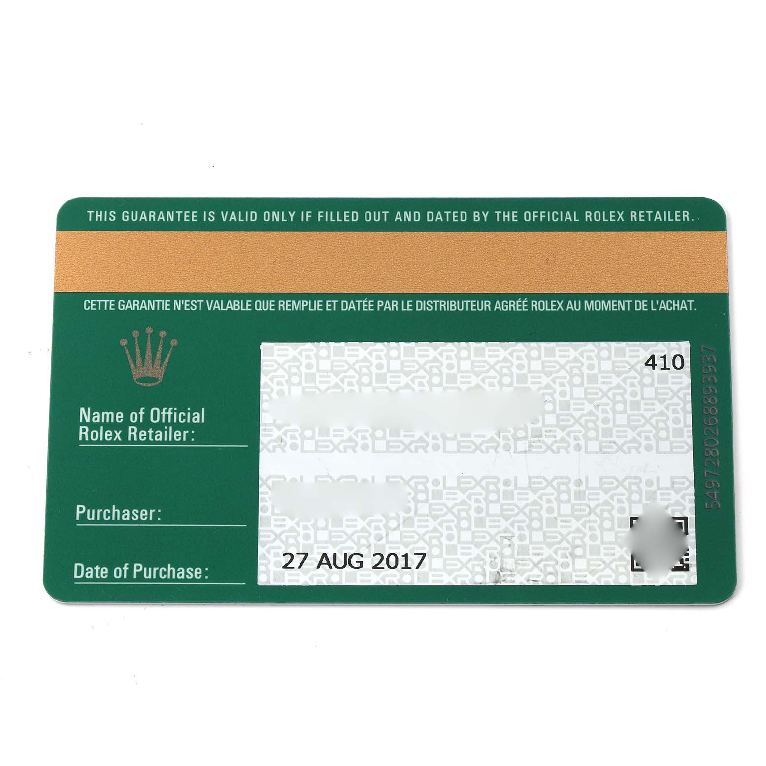 The image shows a warranty card for a Rolex Sea-Dweller 126600 Men
s Stainless Steel Black Dial watch, detailing purchase information.