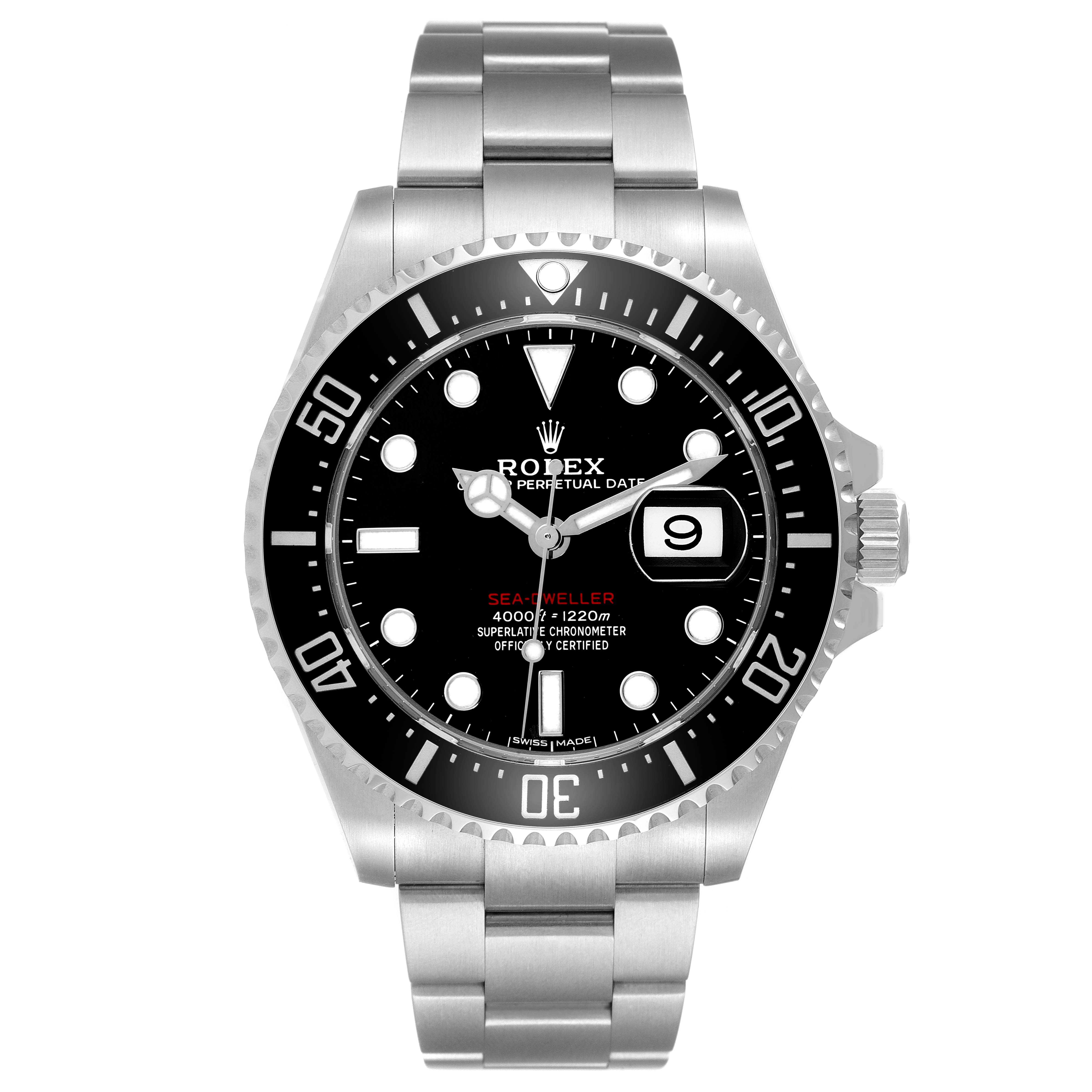 This Rolex Sea-Dweller 126600 Men
s Stainless Steel Black Dial watch is shown from a front angle, displaying the dial, bezel, crown, and stainless steel bracelet.