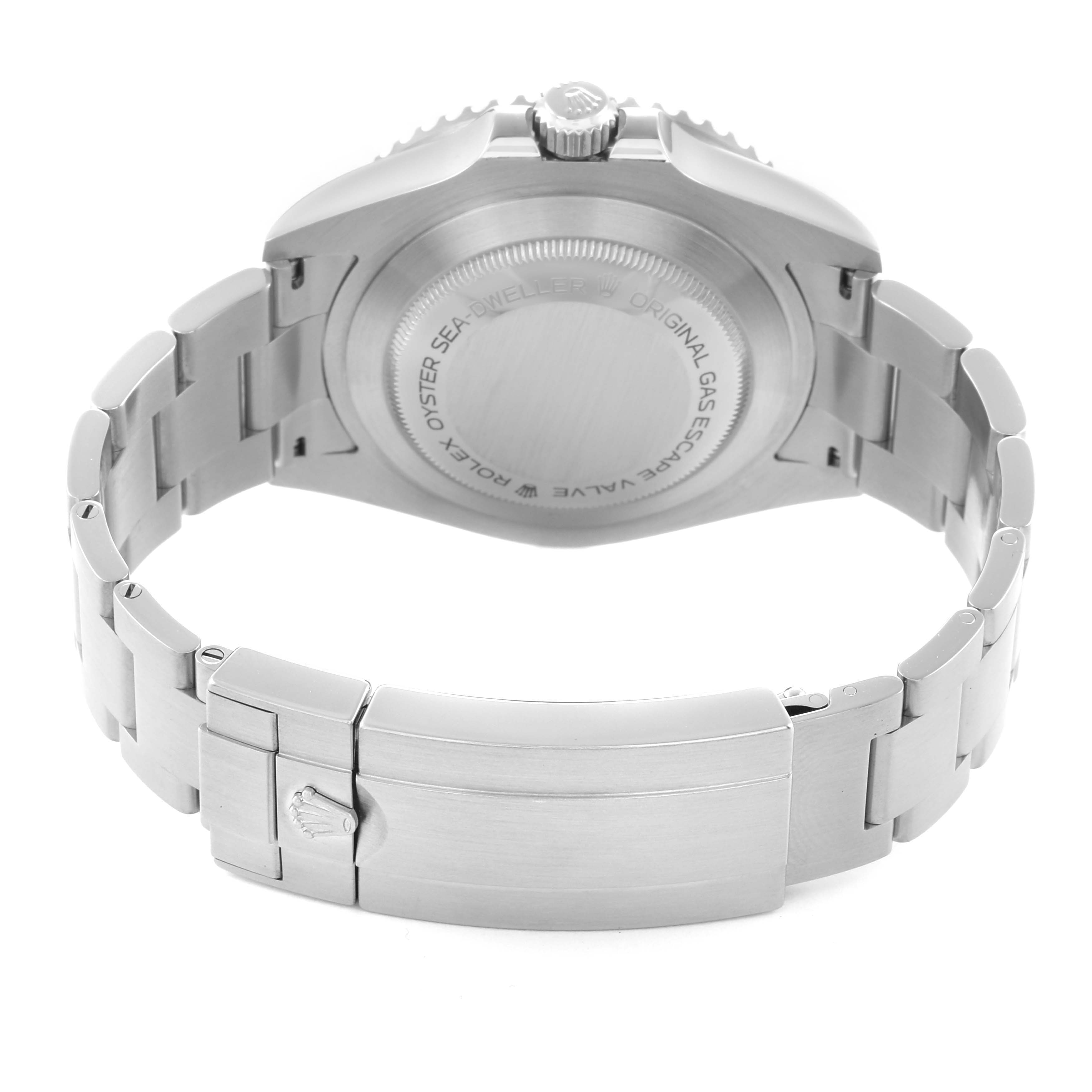 The image shows the back and bracelet of a Rolex Sea-Dweller 126600 Men
s Stainless Steel Black Dial, highlighting the clasp and case back.