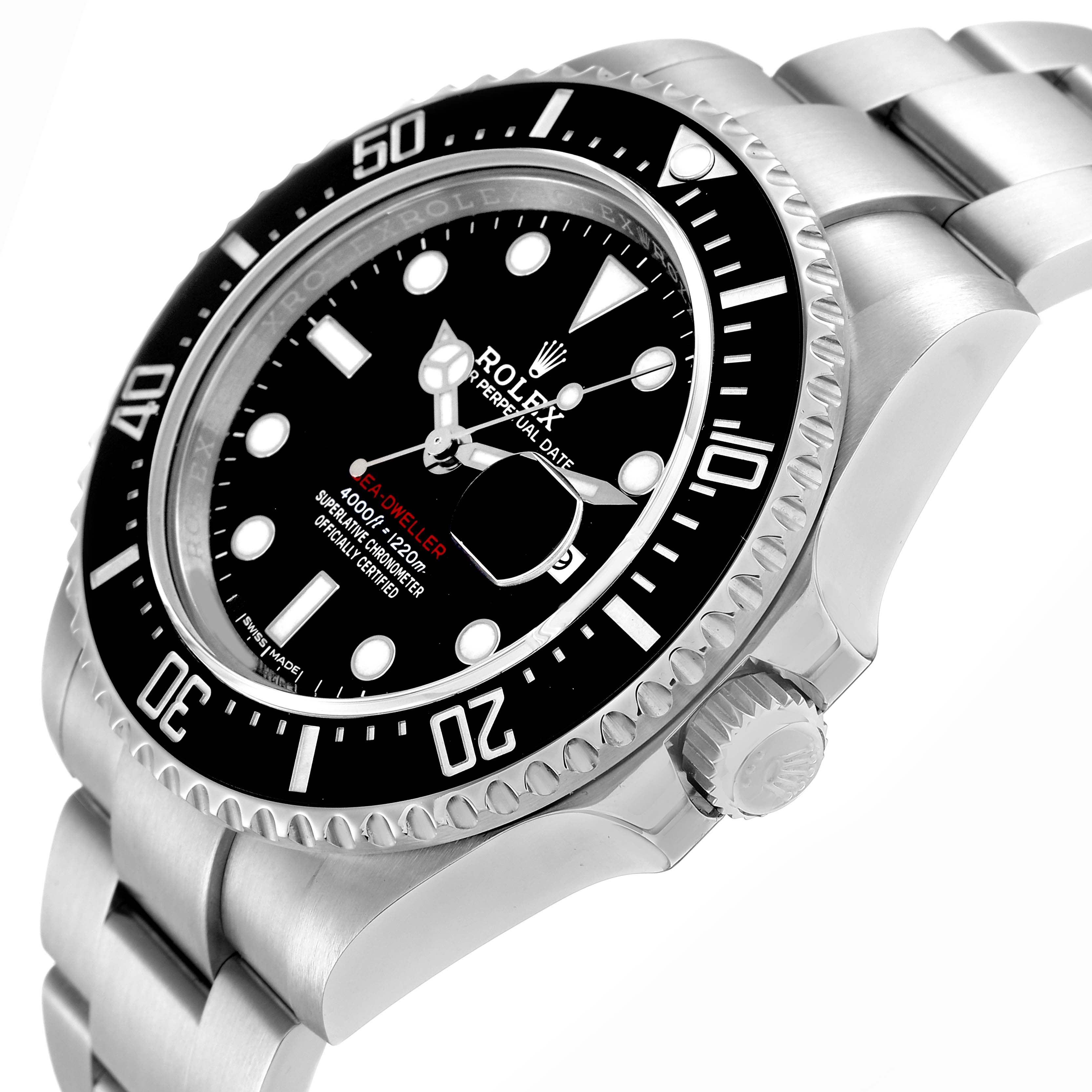 The Rolex Sea-Dweller 126600 Men
s Stainless Steel Black Dial is shown at a slight angle, highlighting the bezel, dial, bracelet, and crown.