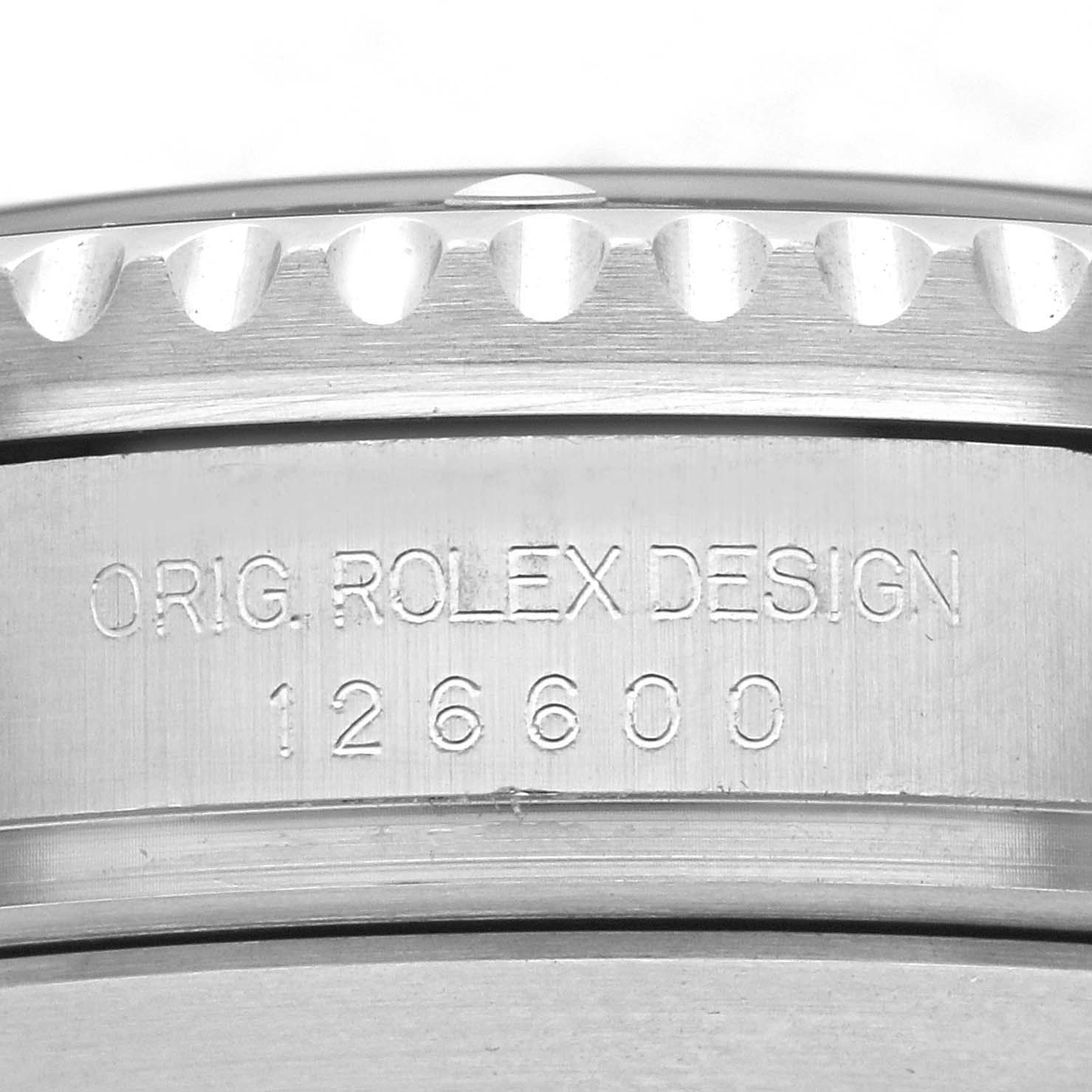 The image shows the side engraving of a Rolex Sea-Dweller 126600 Men
s Stainless Steel Black Dial, highlighting the model number 126600.