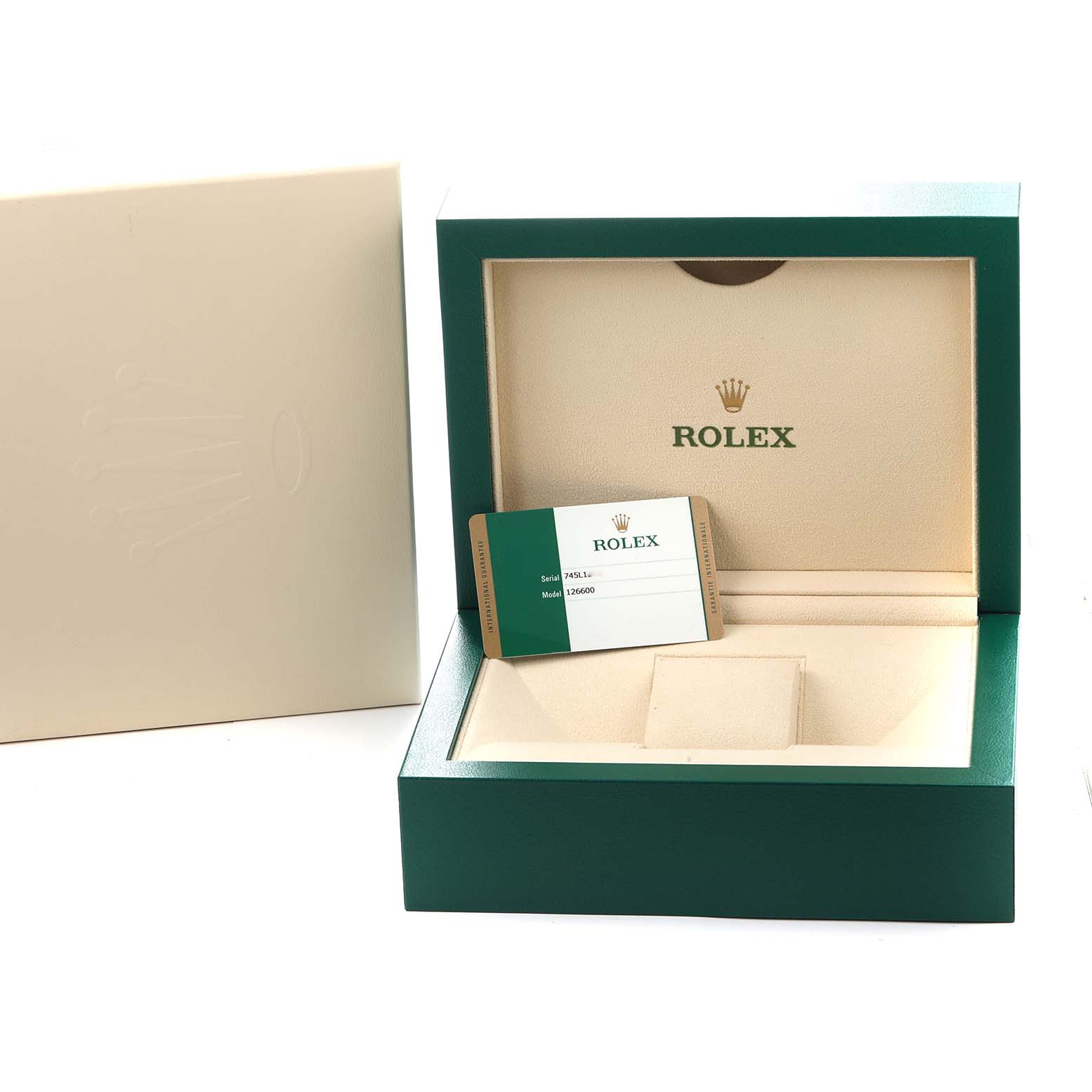 The image shows the open box and warranty card for a Rolex Sea-Dweller 126600 Men
s Stainless Steel Black Dial watch, with a side view of the outer box.