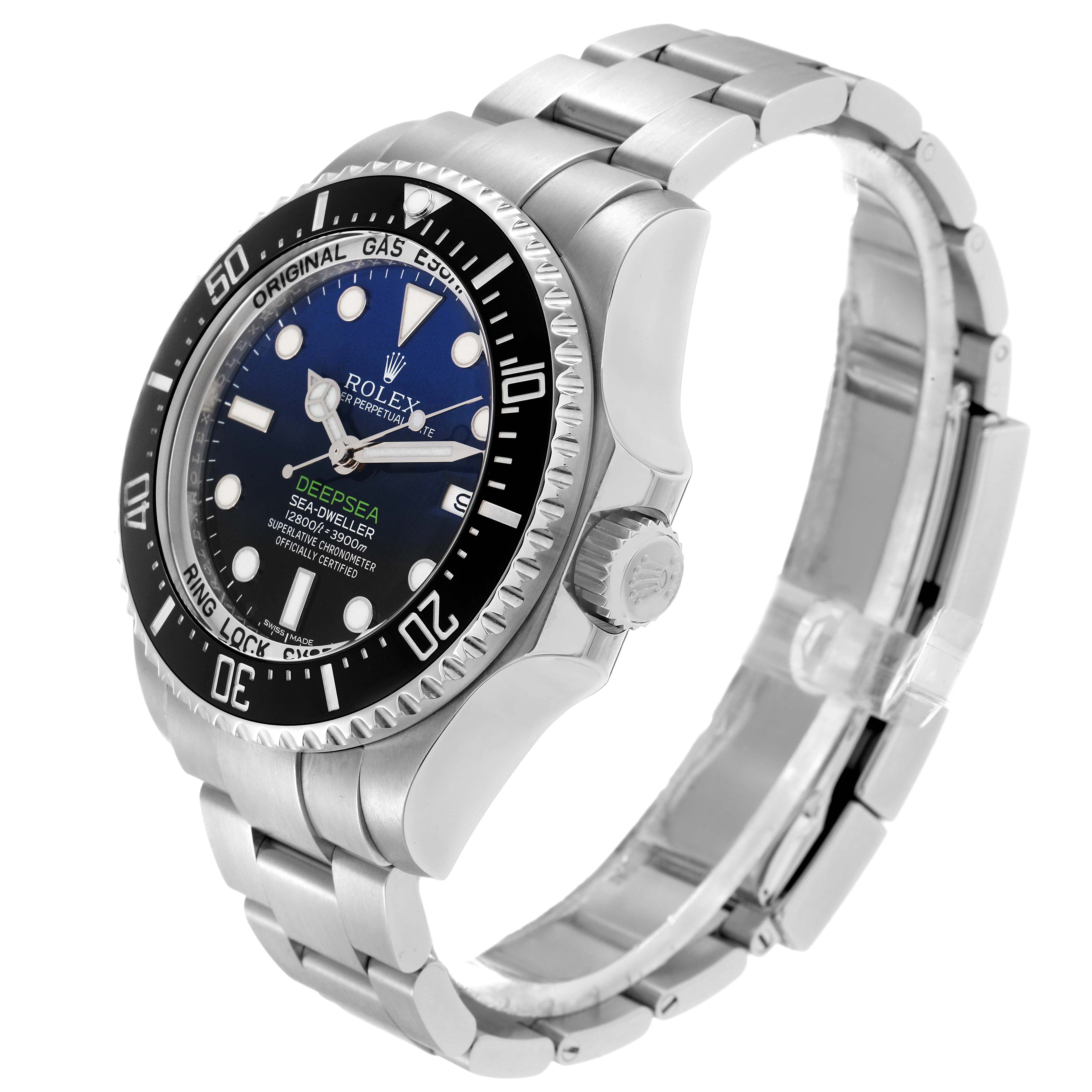 The Rolex Sea-Dweller 116660 Men
s Stainless Steel Blue Dial watch is shown at a three-quarter angle, highlighting the bezel, crown, and bracelet.