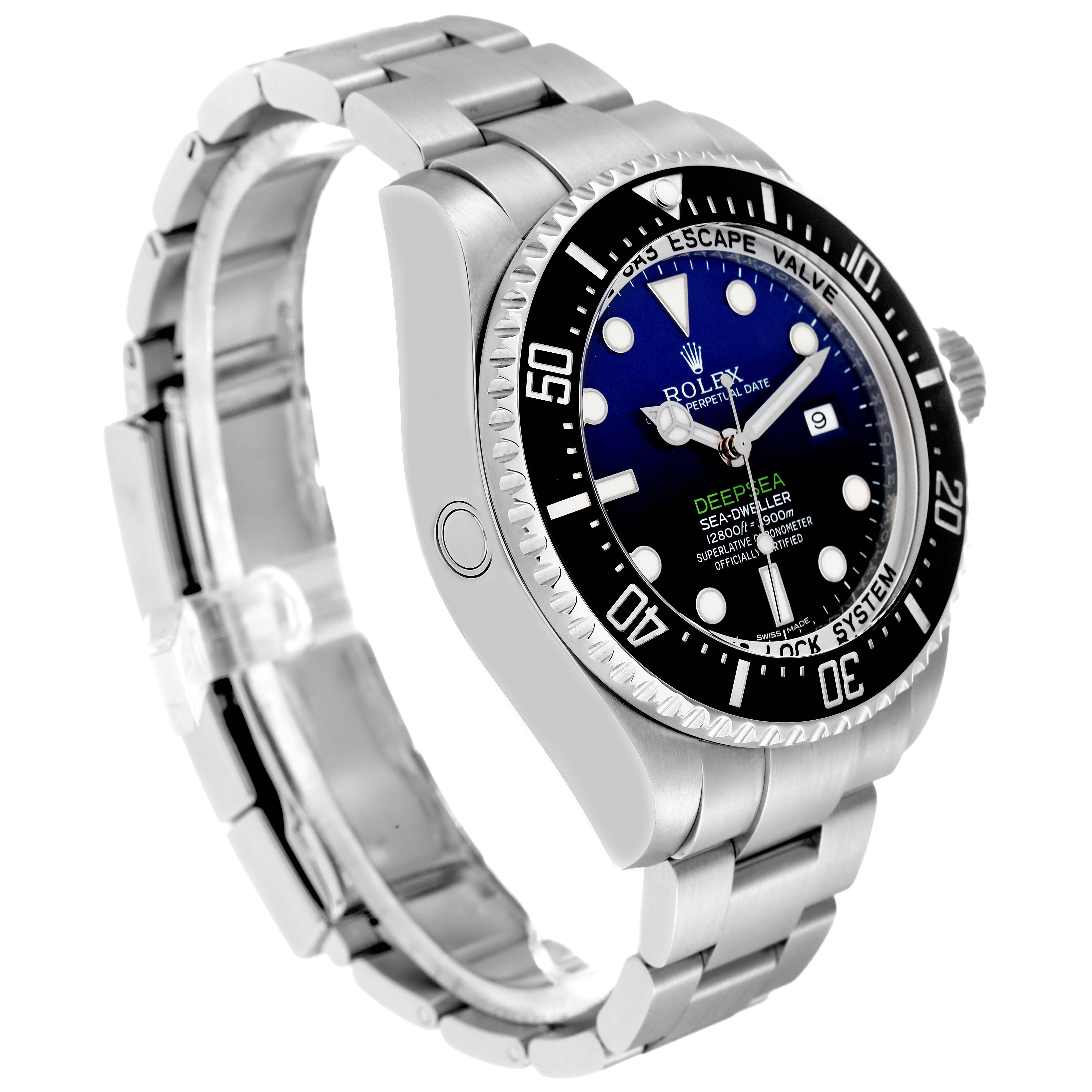 The Rolex Sea-Dweller 116660 Men
s Stainless Steel Blue Dial is shown at a three-quarter angle, displaying its bezel, face, crown, and bracelet.