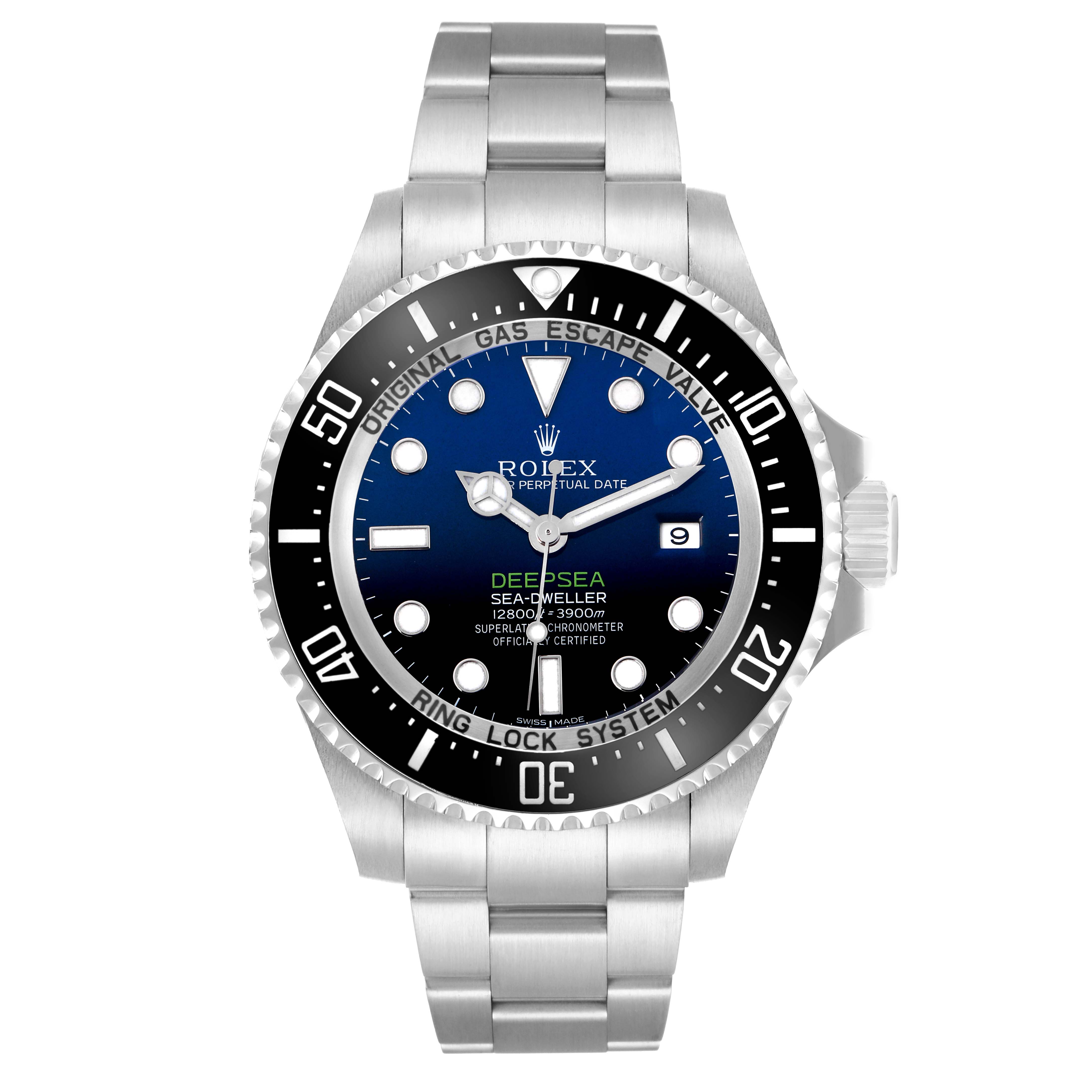 The Rolex Sea-Dweller 116660 Men
s Stainless Steel Blue Dial watch is shown from a front angle, highlighting the face, bezel, and bracelet.
