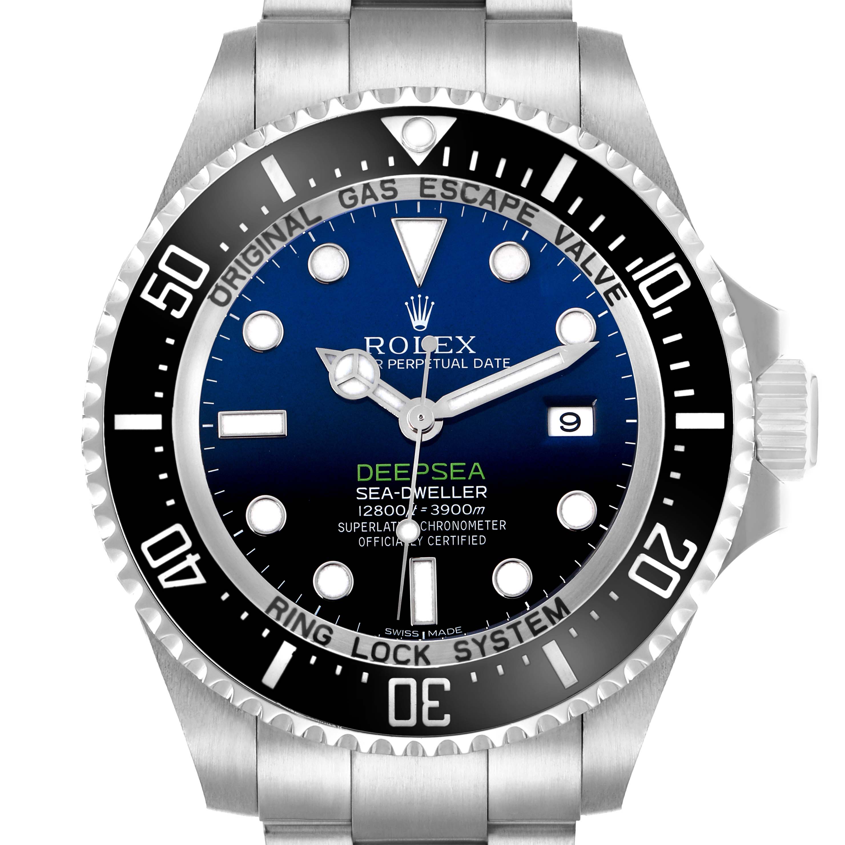 The Rolex Sea-Dweller 116660 Men
s Stainless Steel Blue Dial watch is shown in a front view, displaying the dial, bezel, crown, and part of the bracelet.
