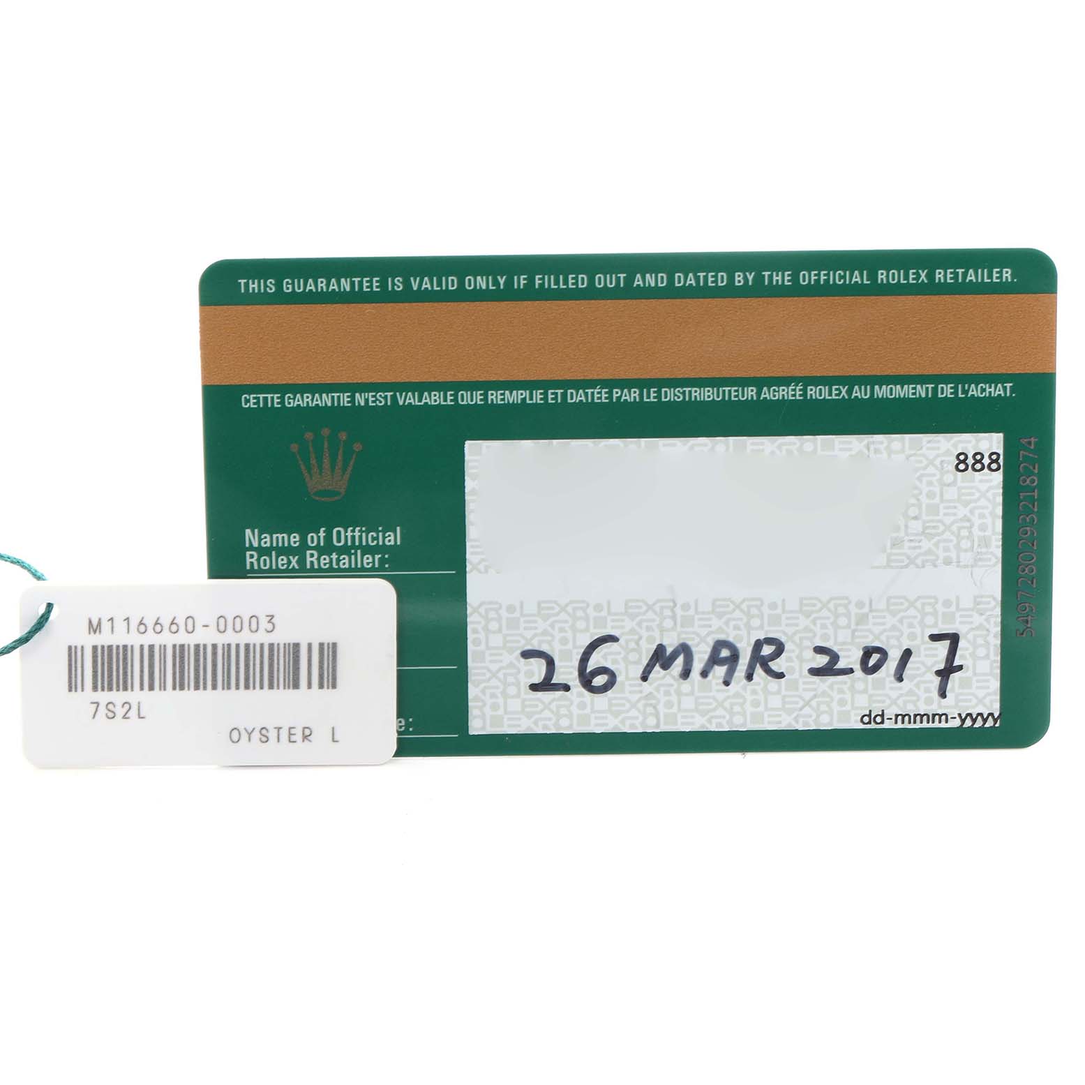 The image shows a warranty card and tag for a Rolex Sea-Dweller 116660 Men
s Stainless Steel Blue Dial watch.