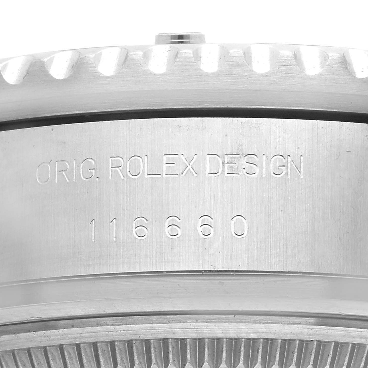 The image shows a close-up of the Rolex Sea-Dweller 116660 Men
s Stainless Steel Blue Dial
s side, highlighting the model number engraving.