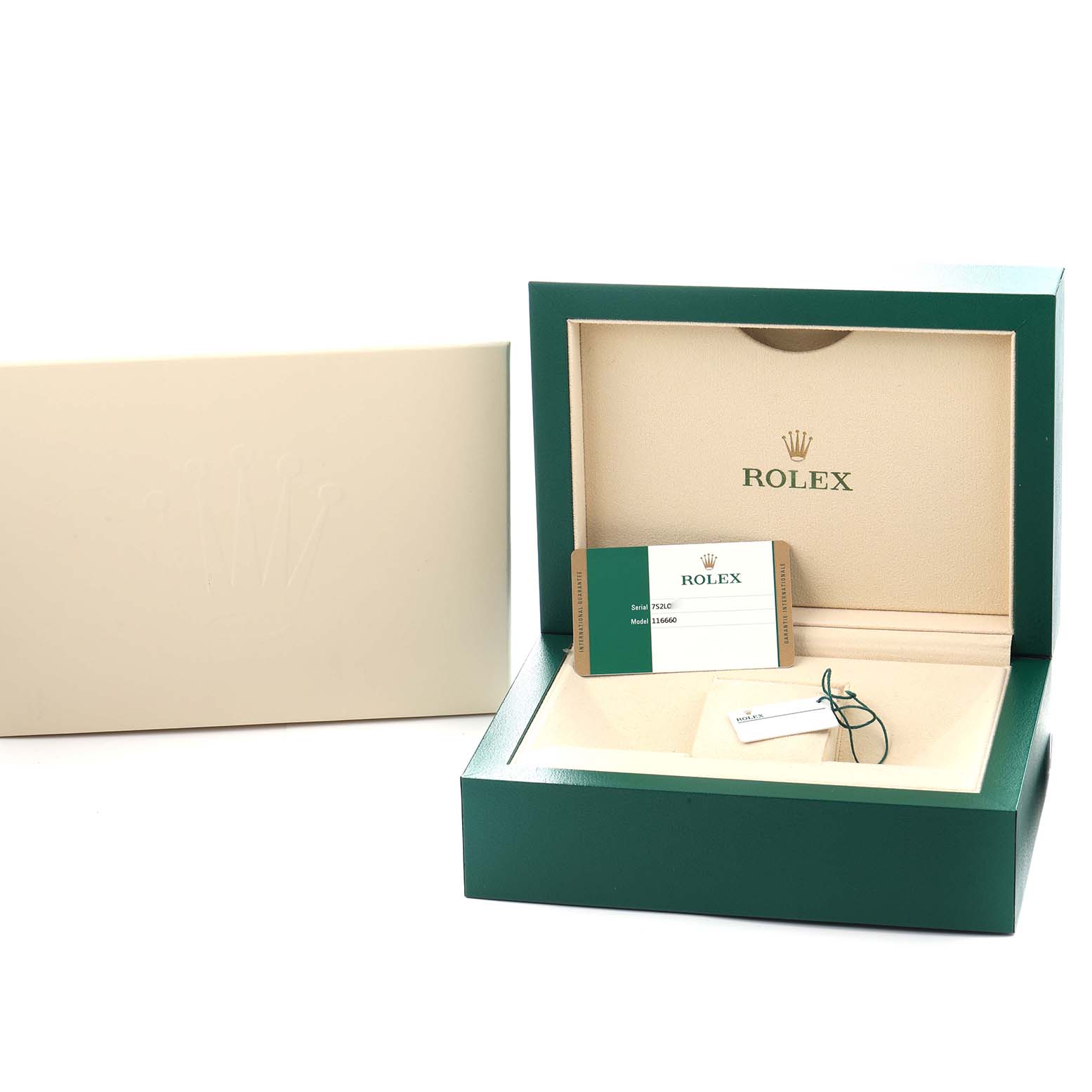 The image shows the packaging and accessories for a Rolex Sea-Dweller 116660 Men
s Stainless Steel Blue Dial, including the box, warranty card, and tag.