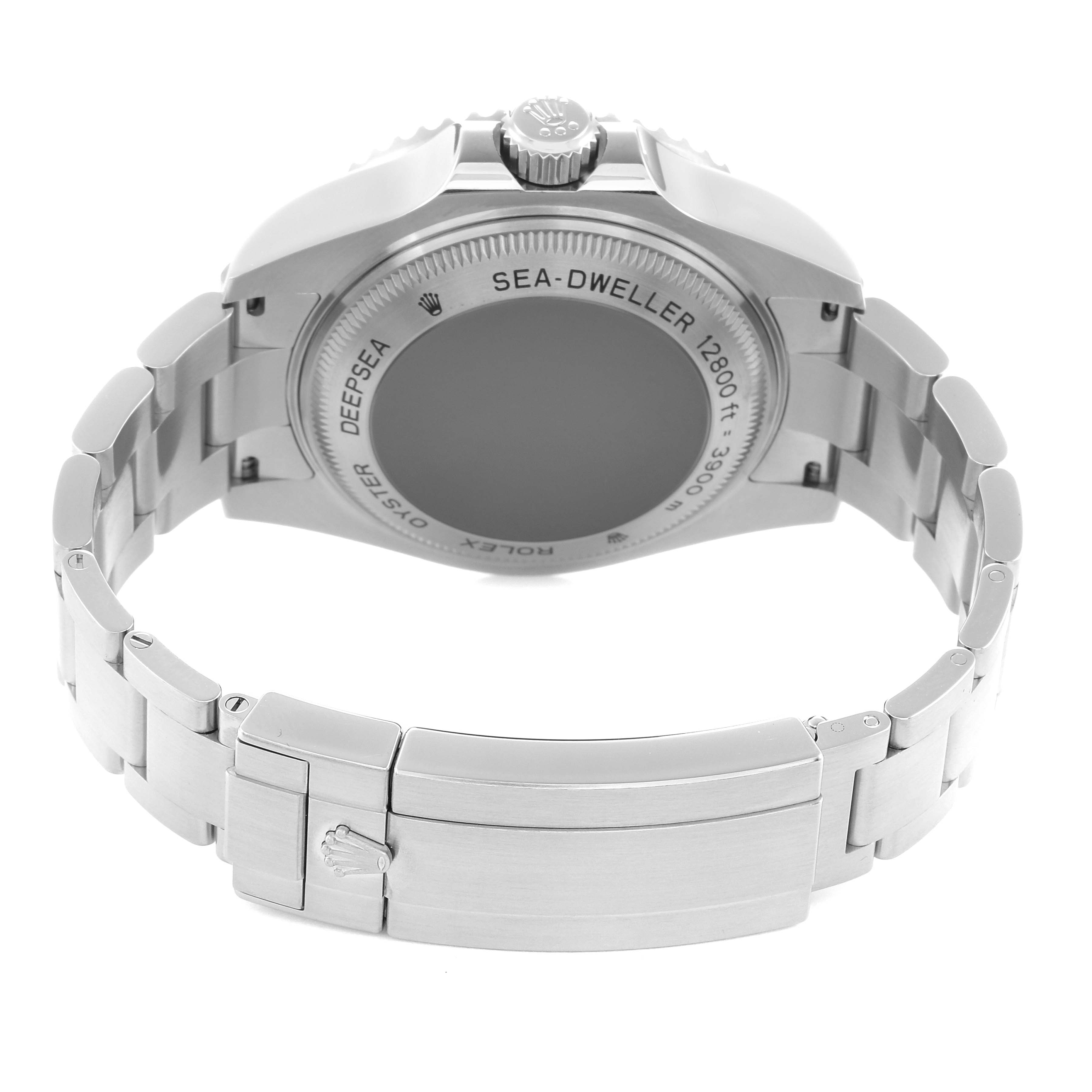 The image shows the back case and bracelet clasp of a Rolex Sea-Dweller 116660 Men
s Stainless Steel Blue Dial watch from the rear angle.