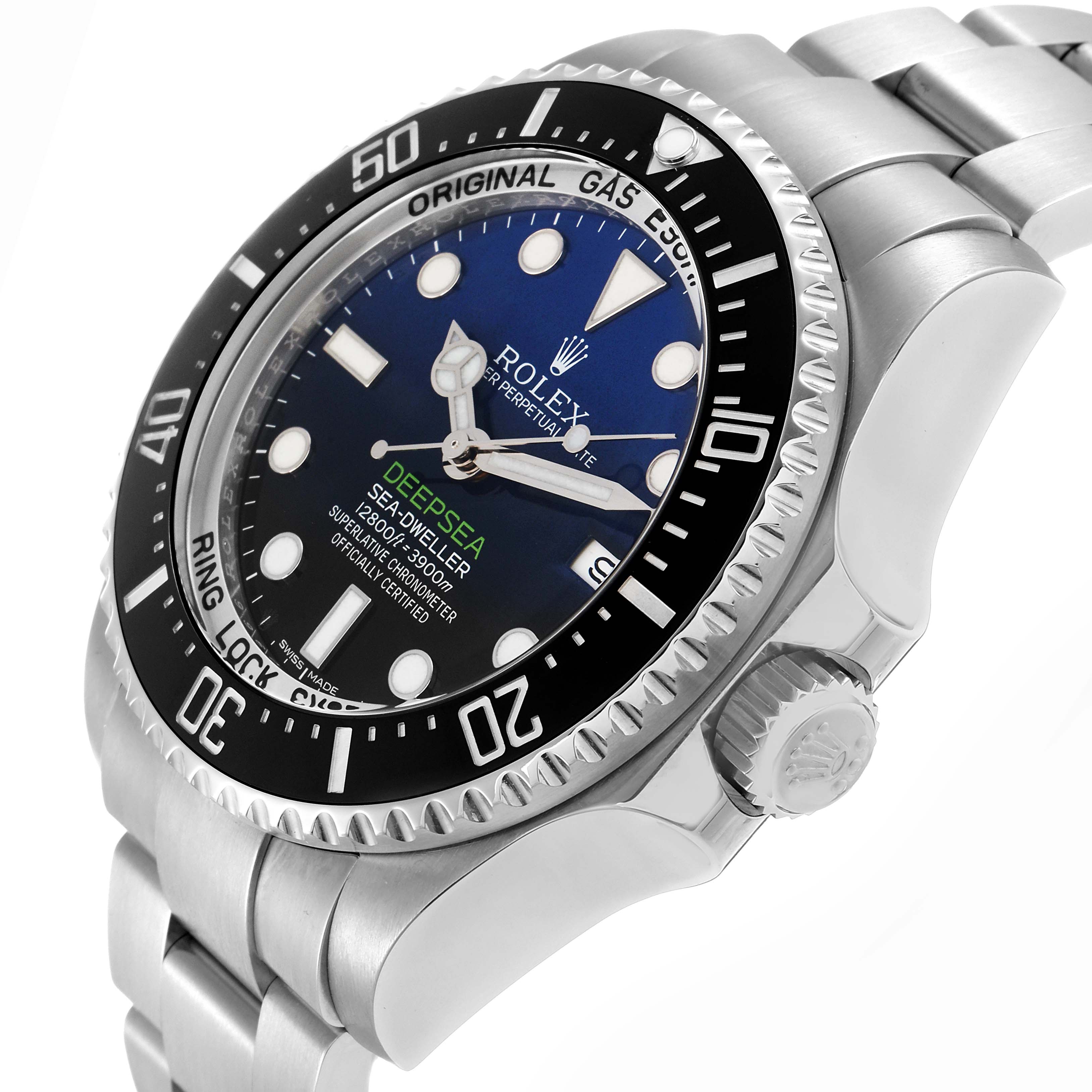 The Rolex Sea-Dweller 116660 Men
s Stainless Steel Blue Dial watch is shown at an angled side view, highlighting the bezel, dial, crown, and part of the bracelet.