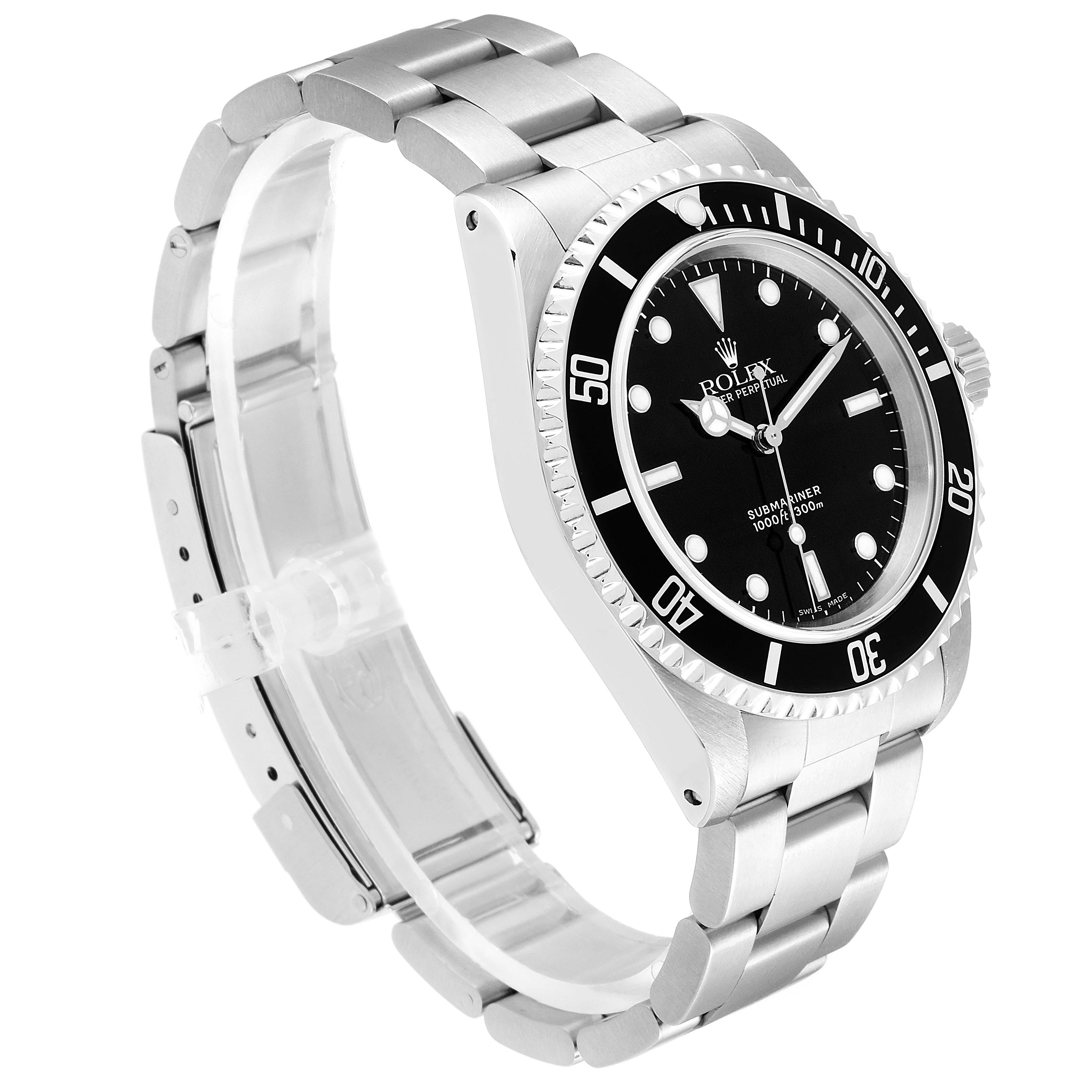 The image shows a Rolex Submariner 14060 Men
s Stainless Steel Black Dial 14060 Men
s Stainless Steel Black Dial watch at a three-quarter angle, focusing on the face, bezel, and bracelet.