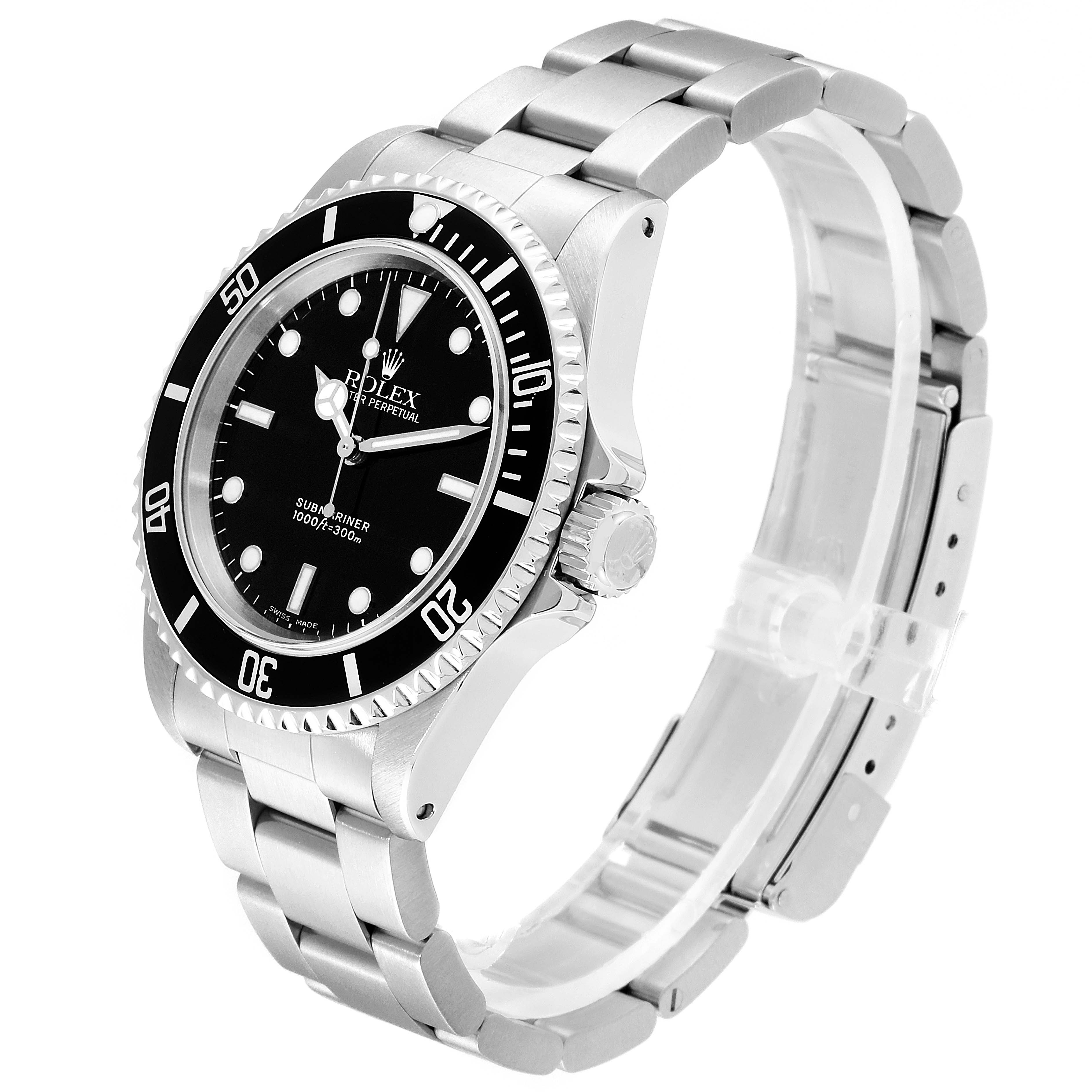 The image shows a side angle of a Rolex Submariner 14060 Men
s Stainless Steel Black Dial 14060 Men
s Stainless Steel Black Dial watch, highlighting its bezel, dial, crown, case, and bracelet.