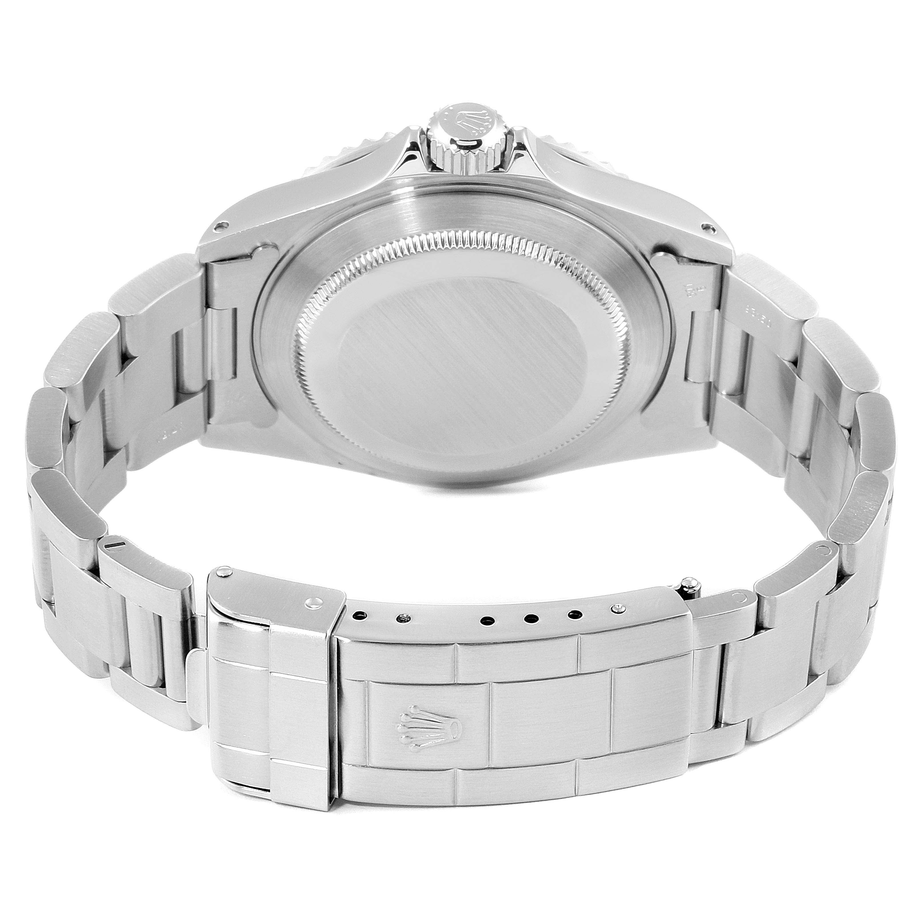 The back of the Rolex Submariner 14060 Men
s Stainless Steel Black Dial 14060 Men
s Stainless Steel Black Dial watch is shown, displaying the bracelet and clasp from a rear angle.