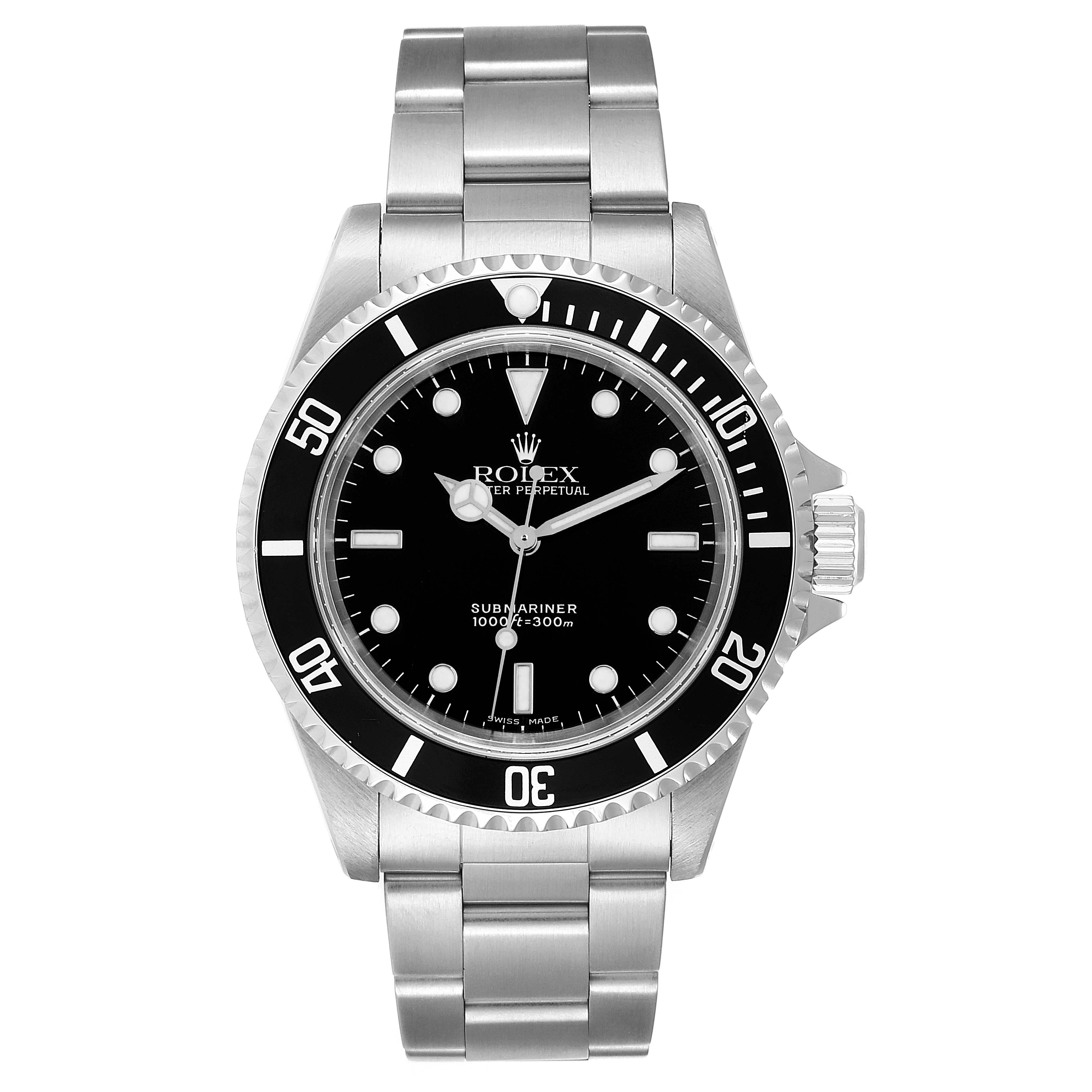 This image shows a front view of a Rolex Submariner 14060 Men
s Stainless Steel Black Dial 14060 Men
s Stainless Steel Black Dial watch, displaying the dial, bezel, and stainless steel bracelet.