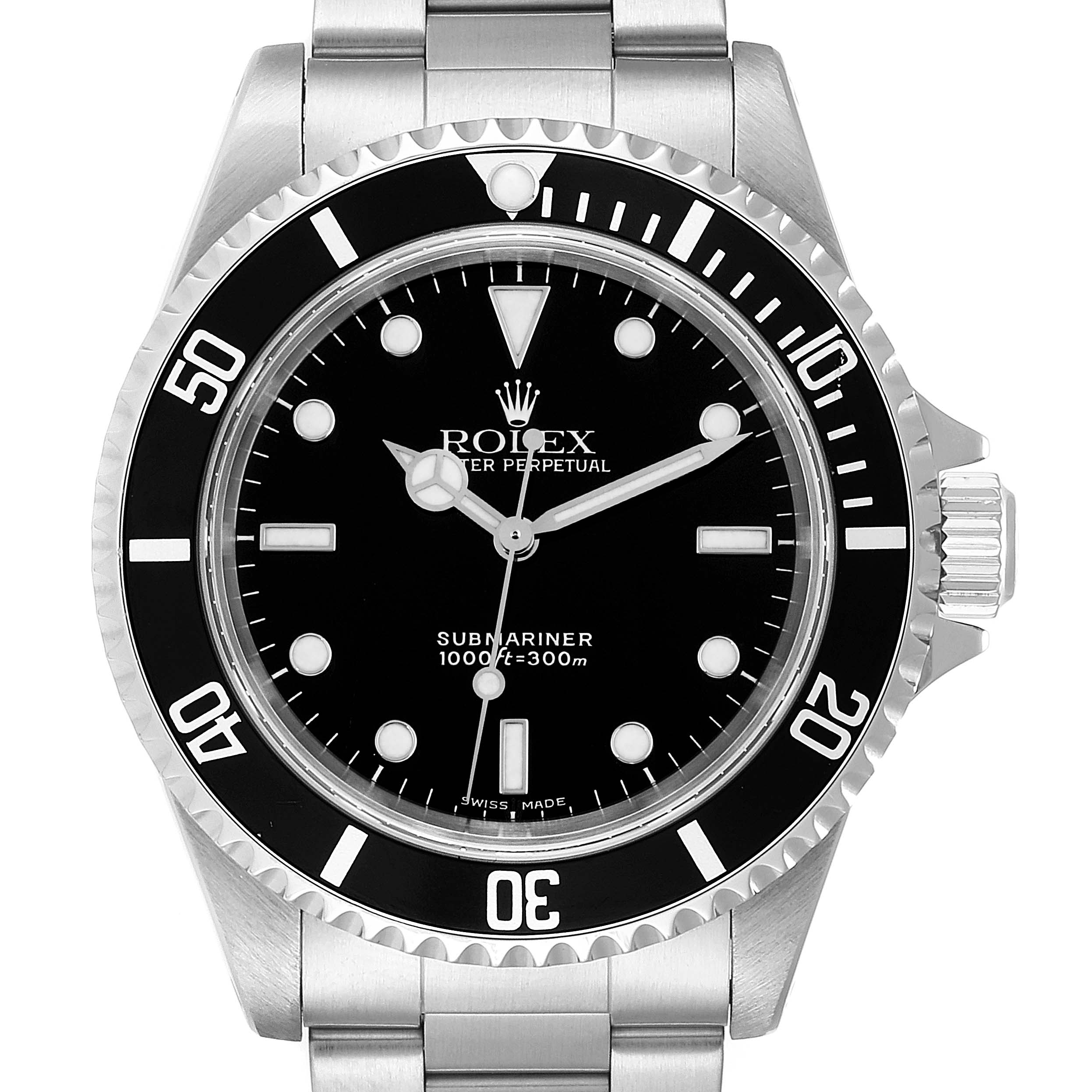 The image shows a front view of a Rolex Submariner 14060 Men
s Stainless Steel Black Dial 14060 Men
s Stainless Steel Black Dial, displaying the bezel, dial, hands, and part of the stainless steel bracelet.
