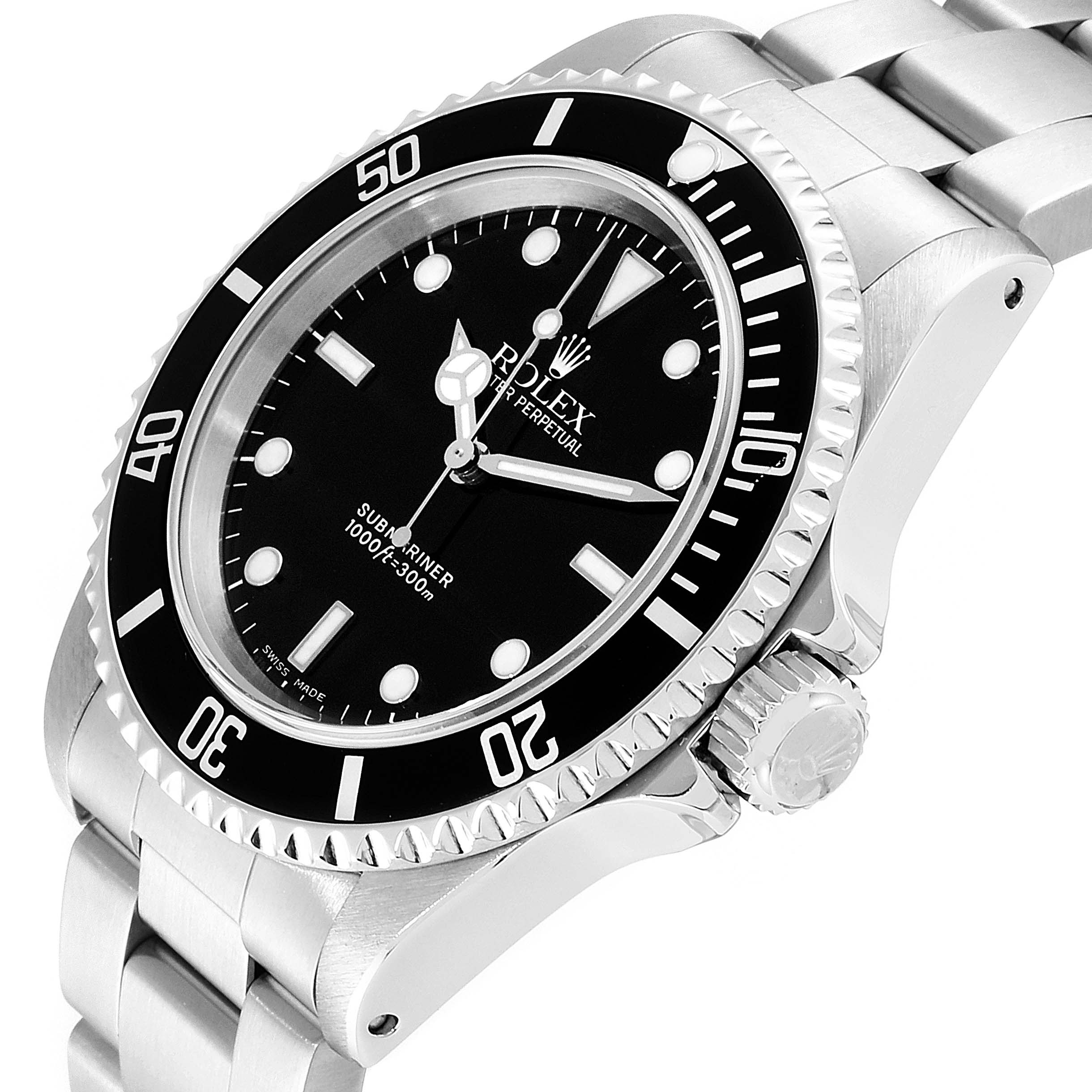 The image shows a three-quarter side view of the Rolex Submariner 14060 Men
s Stainless Steel Black Dial 14060 Men
s Stainless Steel Black Dial watch, highlighting its bezel, dial, and bracelet.