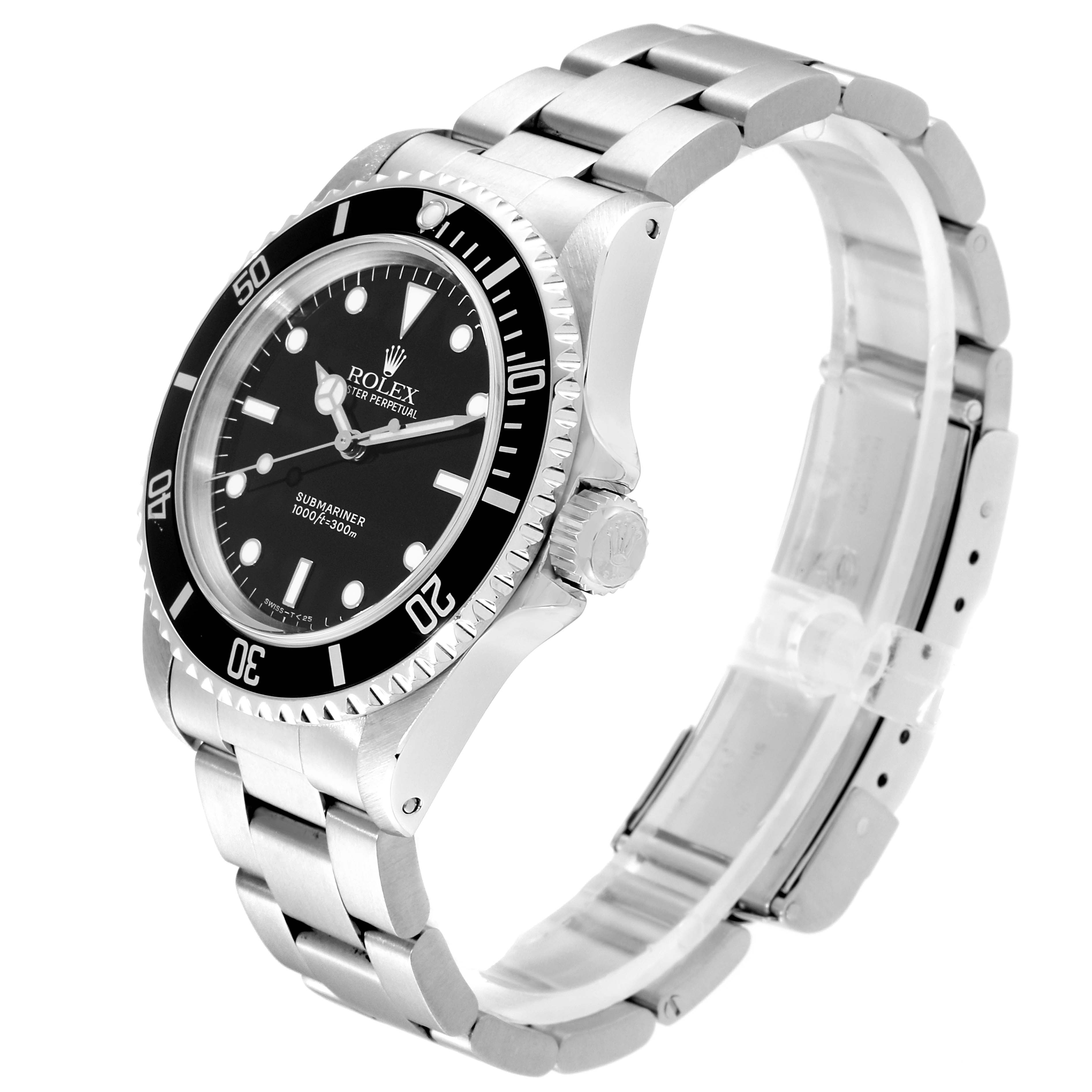 This image shows a Rolex Submariner 14060 Men
s Stainless Steel Black Dial 14060 Men
s Stainless Steel Black Dial watch from a three-quarter angle, highlighting the bezel, dial, crown, and bracelet.