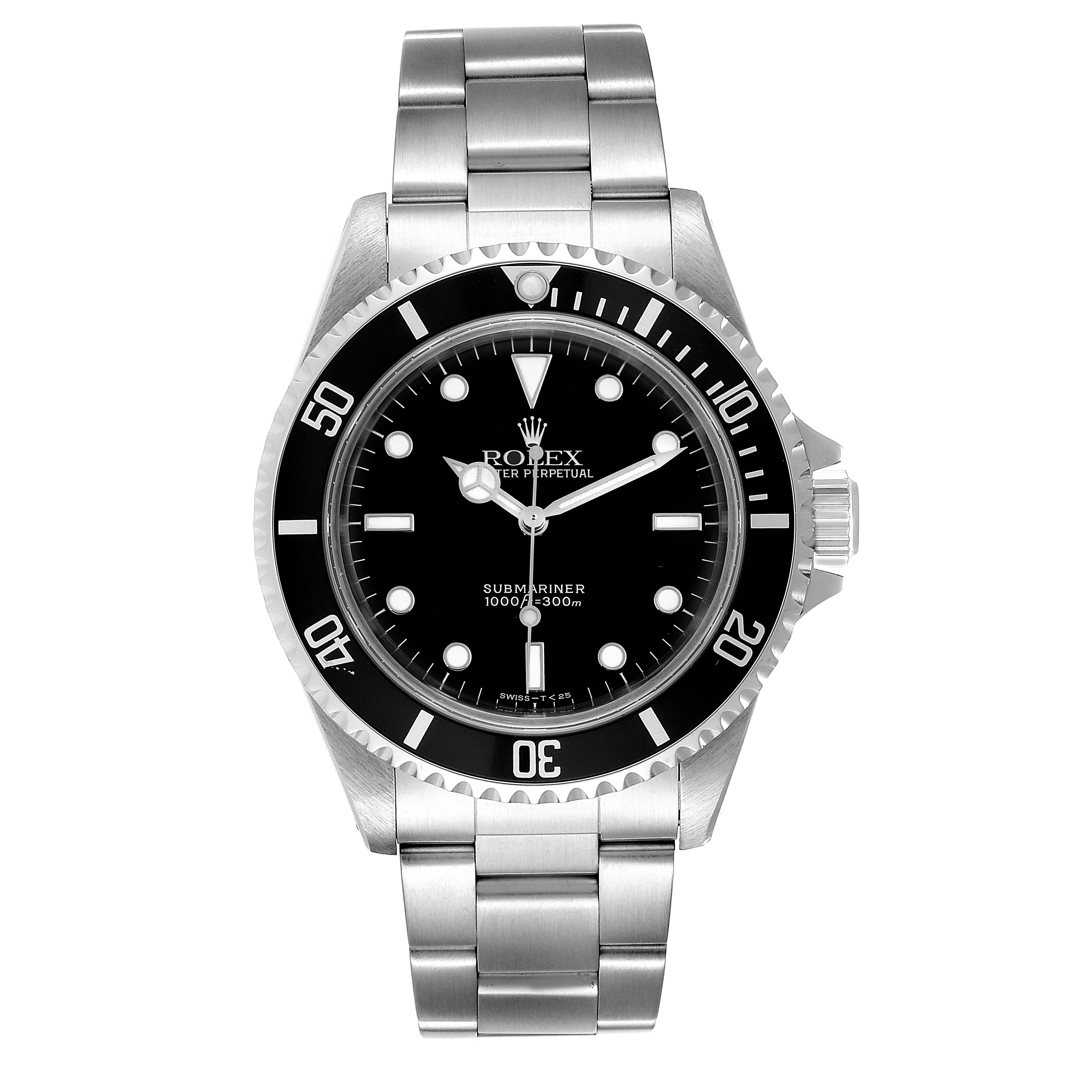 The Rolex Submariner 14060 Men
s Stainless Steel Black Dial 14060 Men
s Stainless Steel Black Dial watch is shown from a front angle, displaying its black dial, bezel, crown, and stainless steel bracelet.