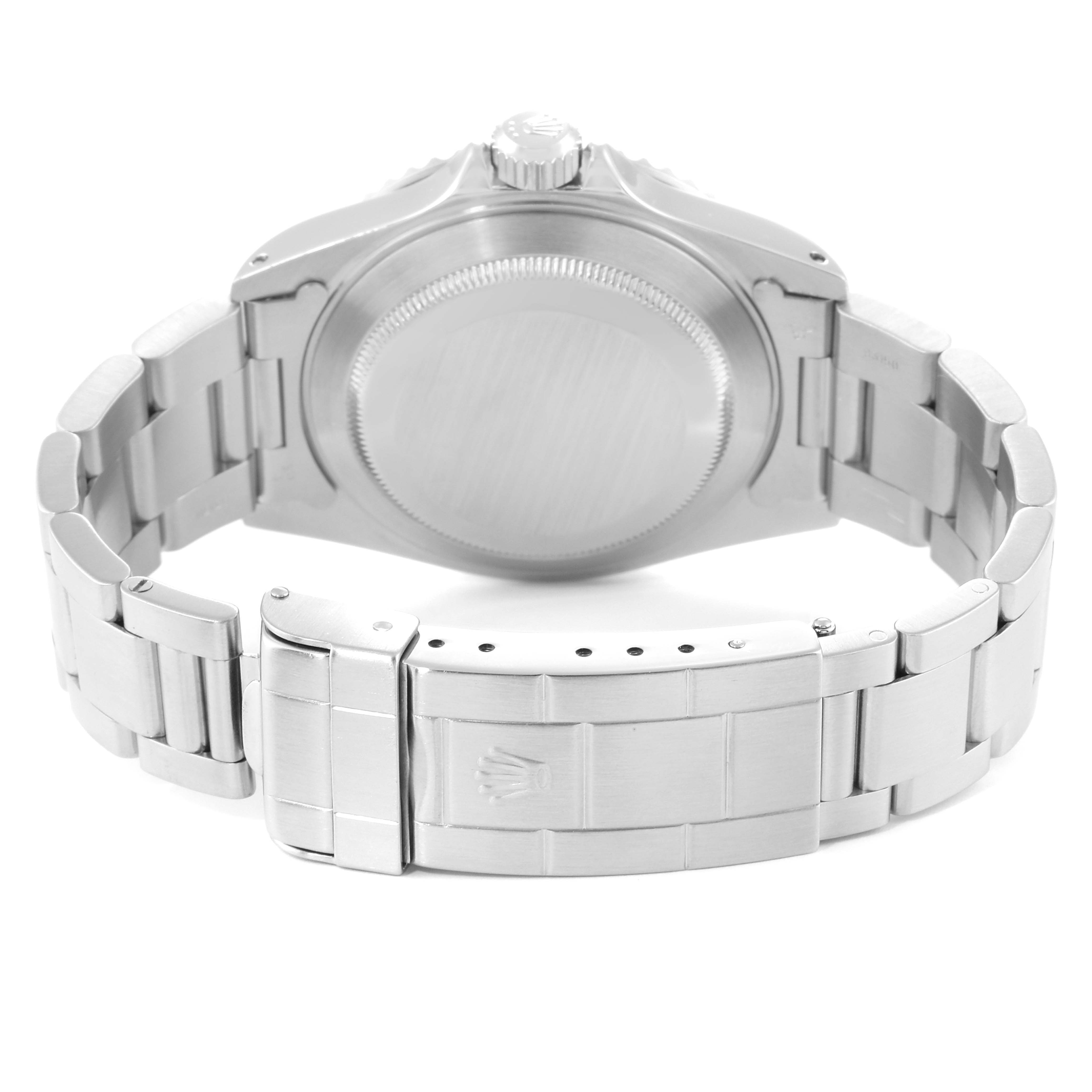 The image shows the backside and clasp of a Rolex Submariner 14060 Men
s Stainless Steel Black Dial 14060 Men
s Stainless Steel Black Dial watch, emphasizing the bracelet and caseback.