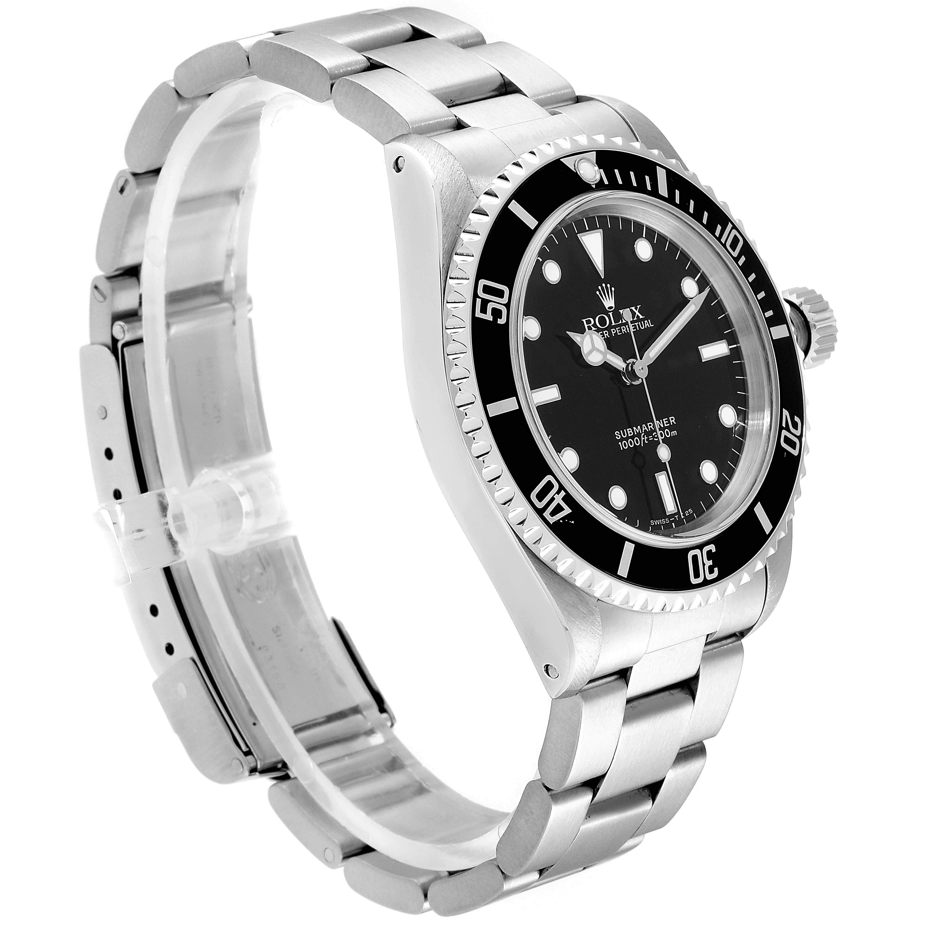This image shows a side profile angle of a Rolex Submariner 14060 Men
s Stainless Steel Black Dial 14060 Men
s Stainless Steel Black Dial watch, highlighting the bezel, dial, and stainless steel bracelet.
