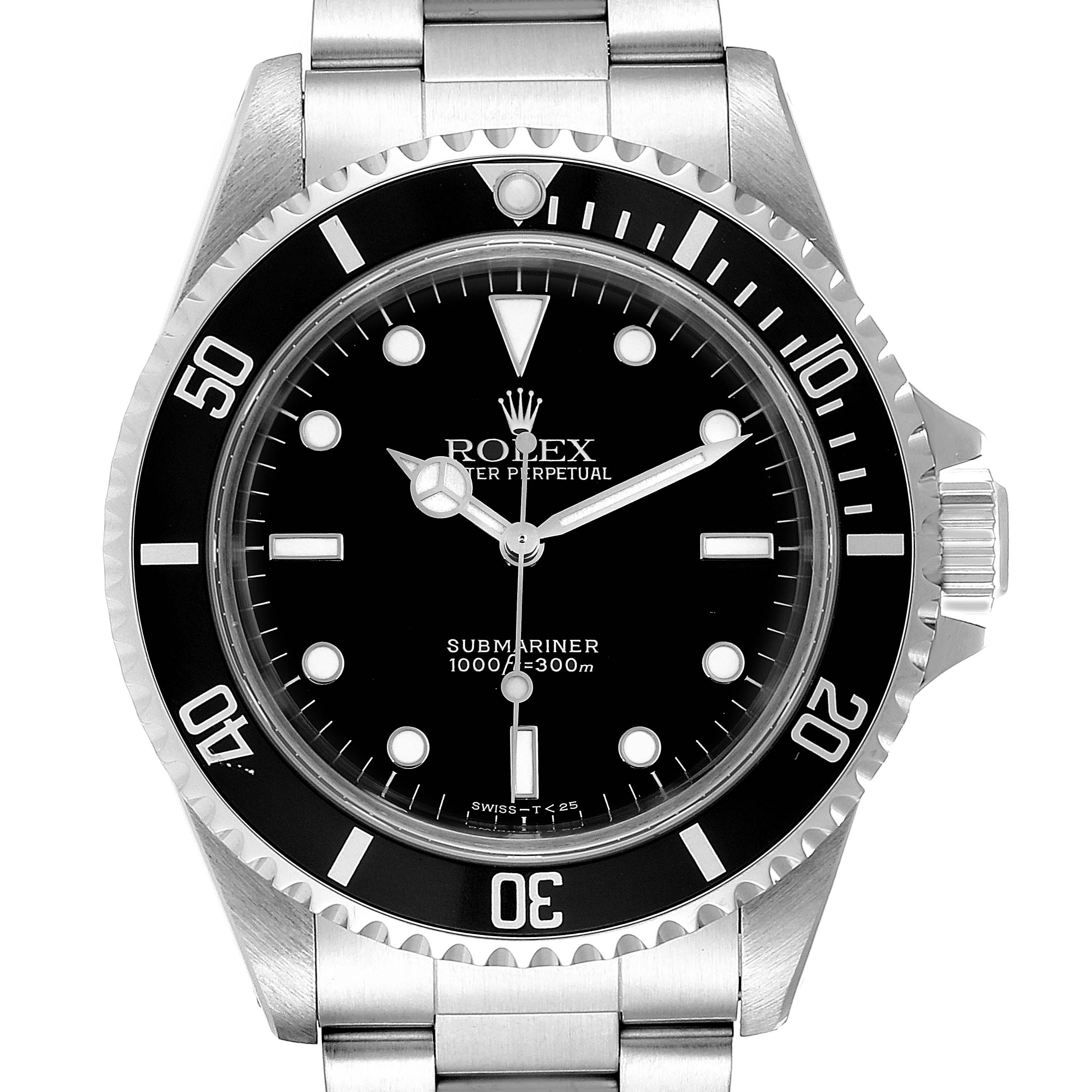 The image shows a front view of the Rolex Submariner 14060 Men
s Stainless Steel Black Dial 14060 Men
s Stainless Steel Black Dial watch, highlighting its dial, bezel, and stainless steel bracelet.
