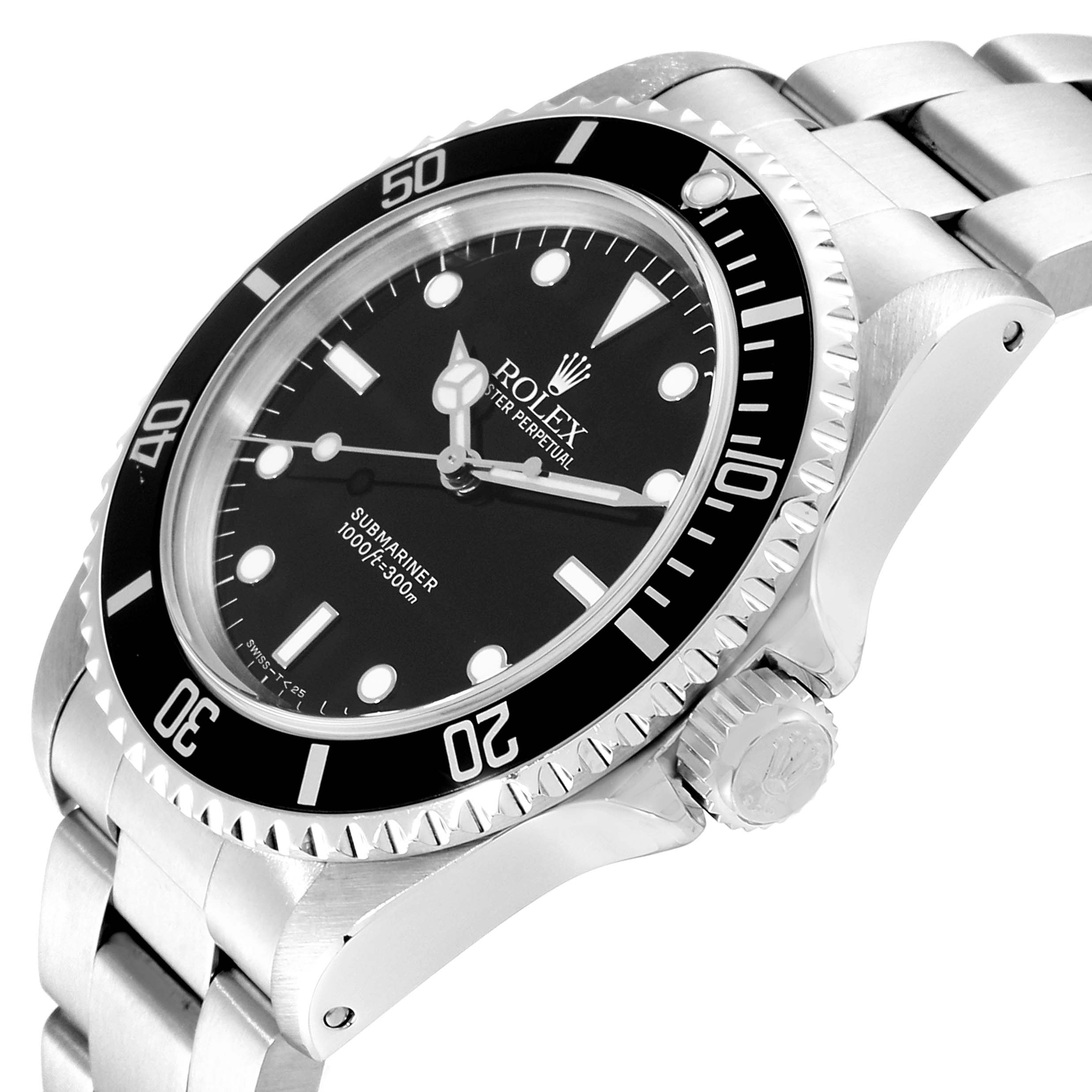 The Rolex Submariner 14060 Men
s Stainless Steel Black Dial 14060 Men
s Stainless Steel Black Dial watch is shown angled to display the watch face, bezel, crown, and part of the bracelet.