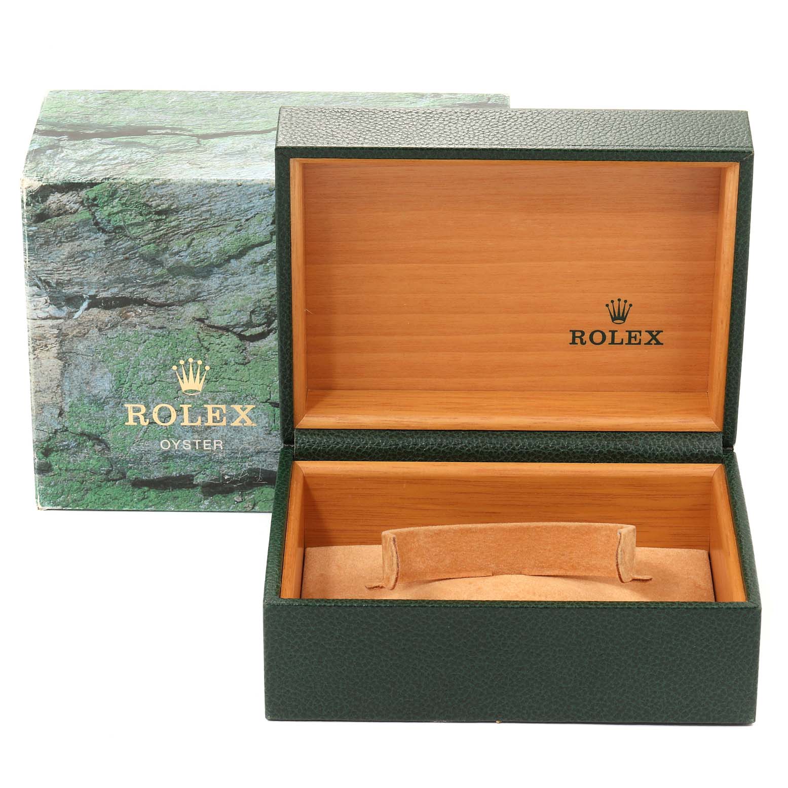 This image shows an open Rolex Submariner 14060 Men
s Stainless Steel Black Dial 14060 Men
s Stainless Steel Black Dial watch box with its outer green box in the background.