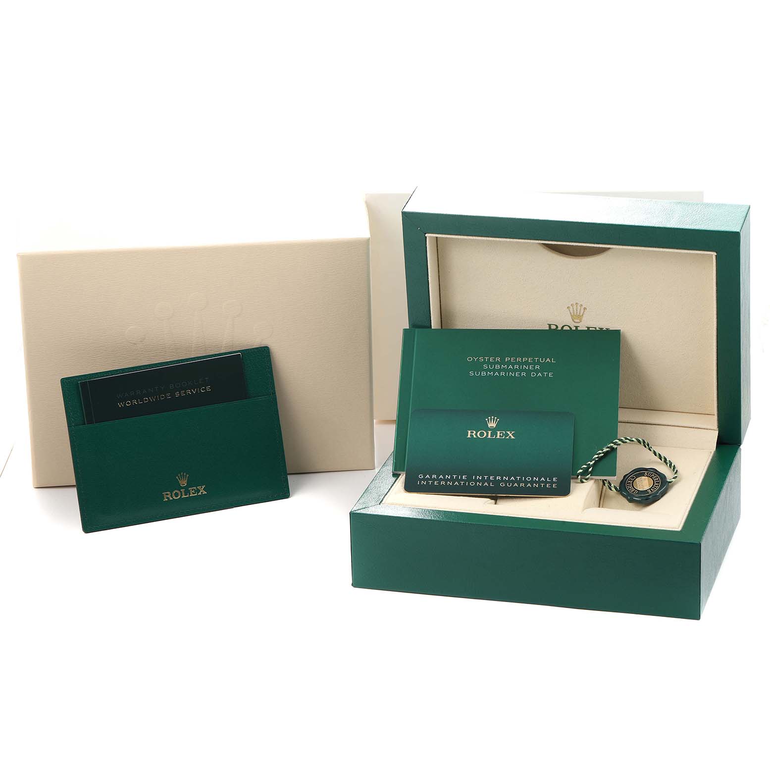 The image shows a Rolex Submariner 126610 Men
s Stainless Steel Black Dial watch box, warranty booklet, cardholder, and hang tag at an angled view.