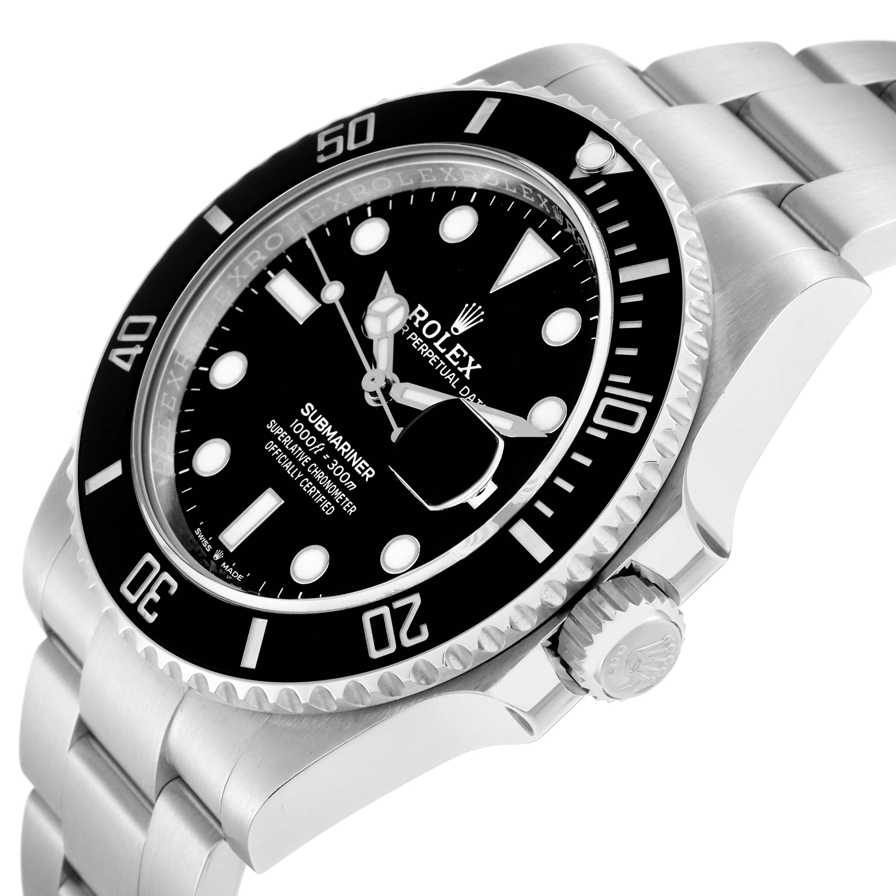 The Rolex Submariner 126610 Men
s Stainless Steel Black Dial watch is shown from a three-quarter angle displaying the face, bezel, crown, and part of the bracelet.