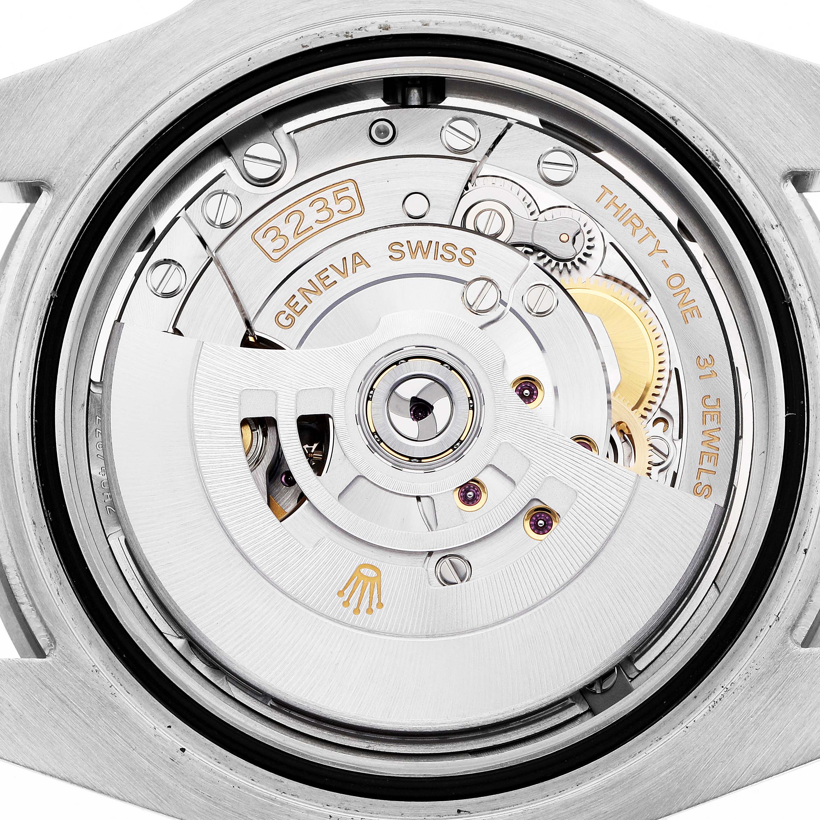 The image shows the movement of a Rolex Submariner 126610 Men
s Stainless Steel Black Dial watch, revealing the rotor and intricate mechanical components from a back view.