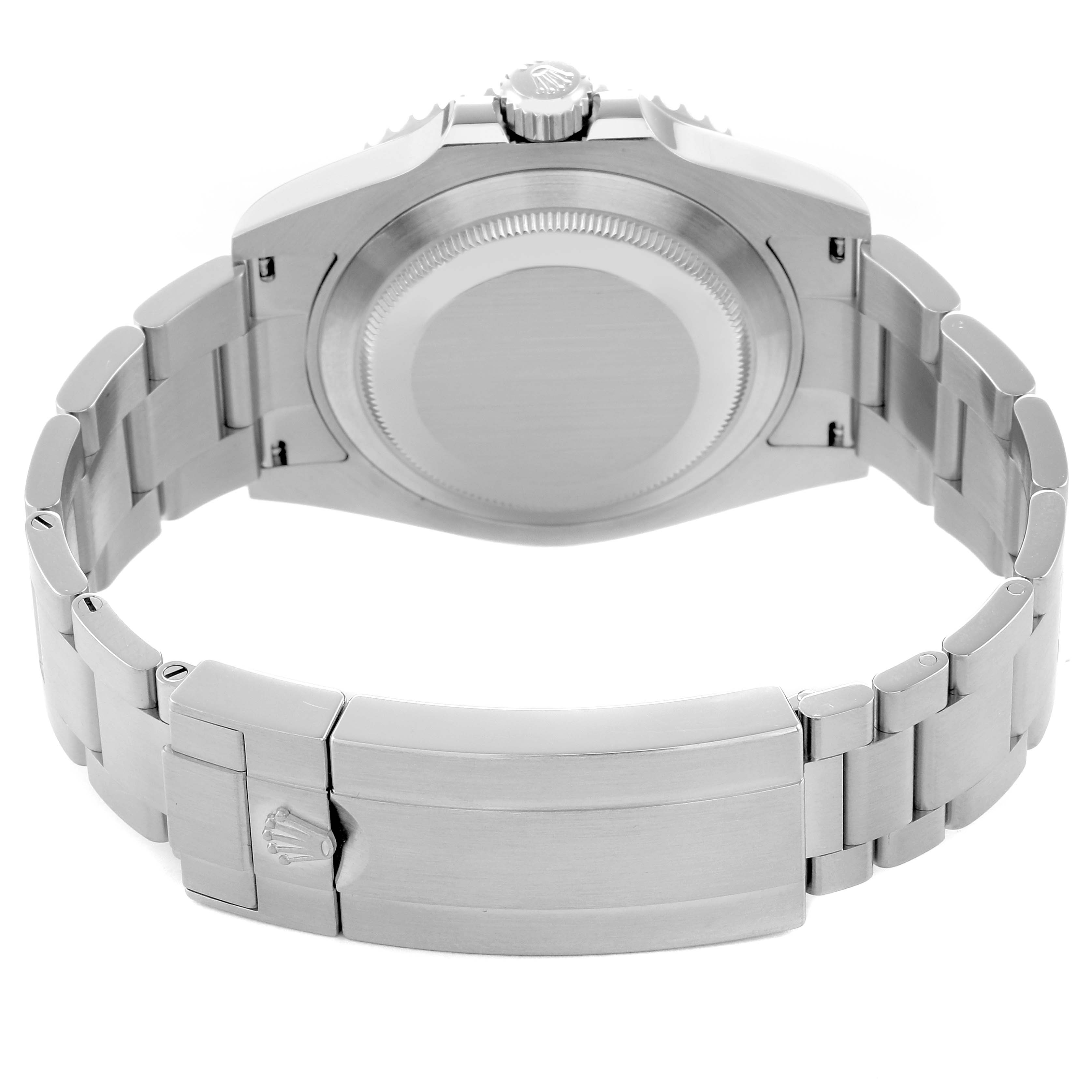 The Rolex Submariner 126610 Men
s Stainless Steel Black Dial watch is shown from the rear, displaying the bracelet, clasp, and back case.