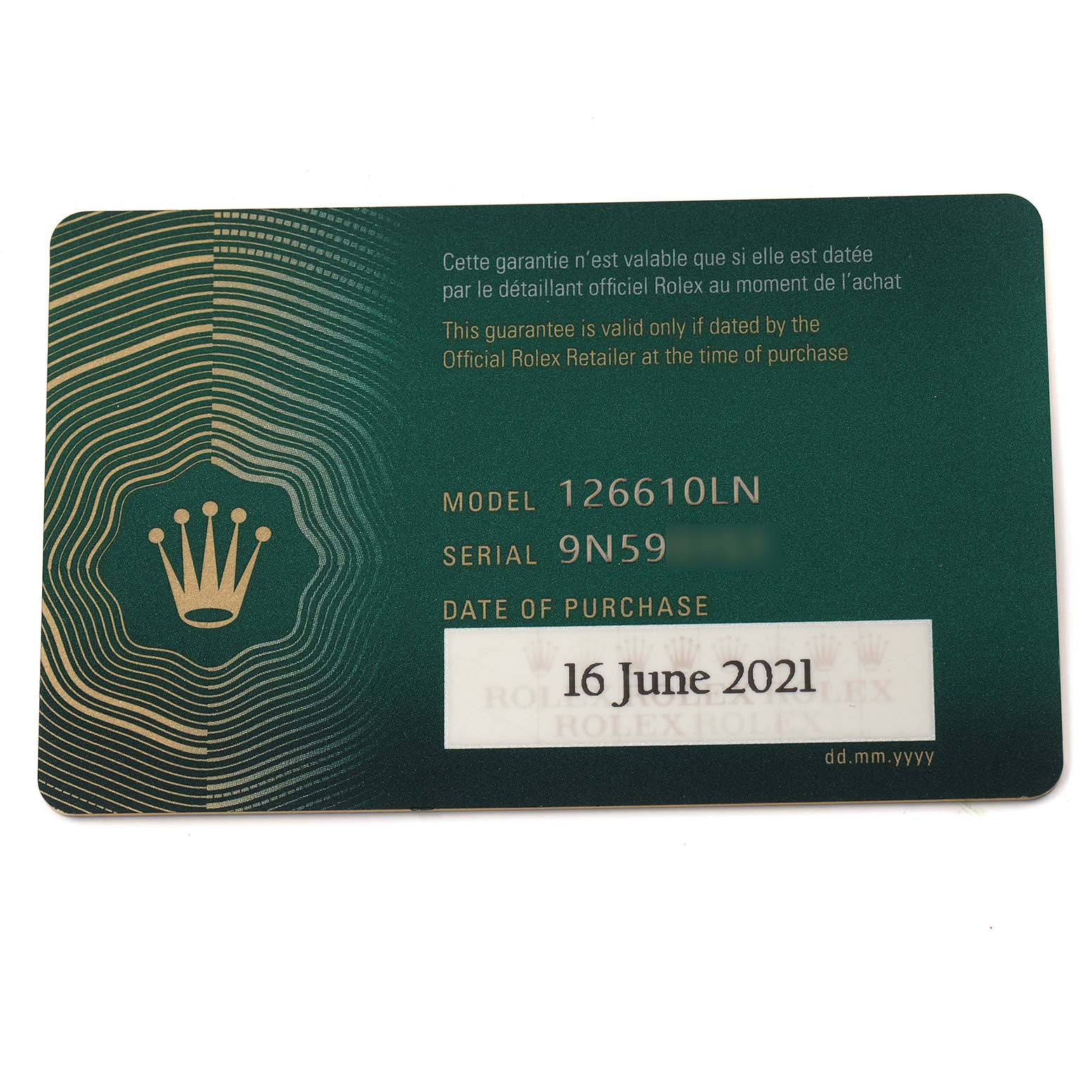 The image shows a warranty card for a Rolex Submariner 126610 Men
s Stainless Steel Black Dial, model 126610LN, featuring the purchase date and model details.