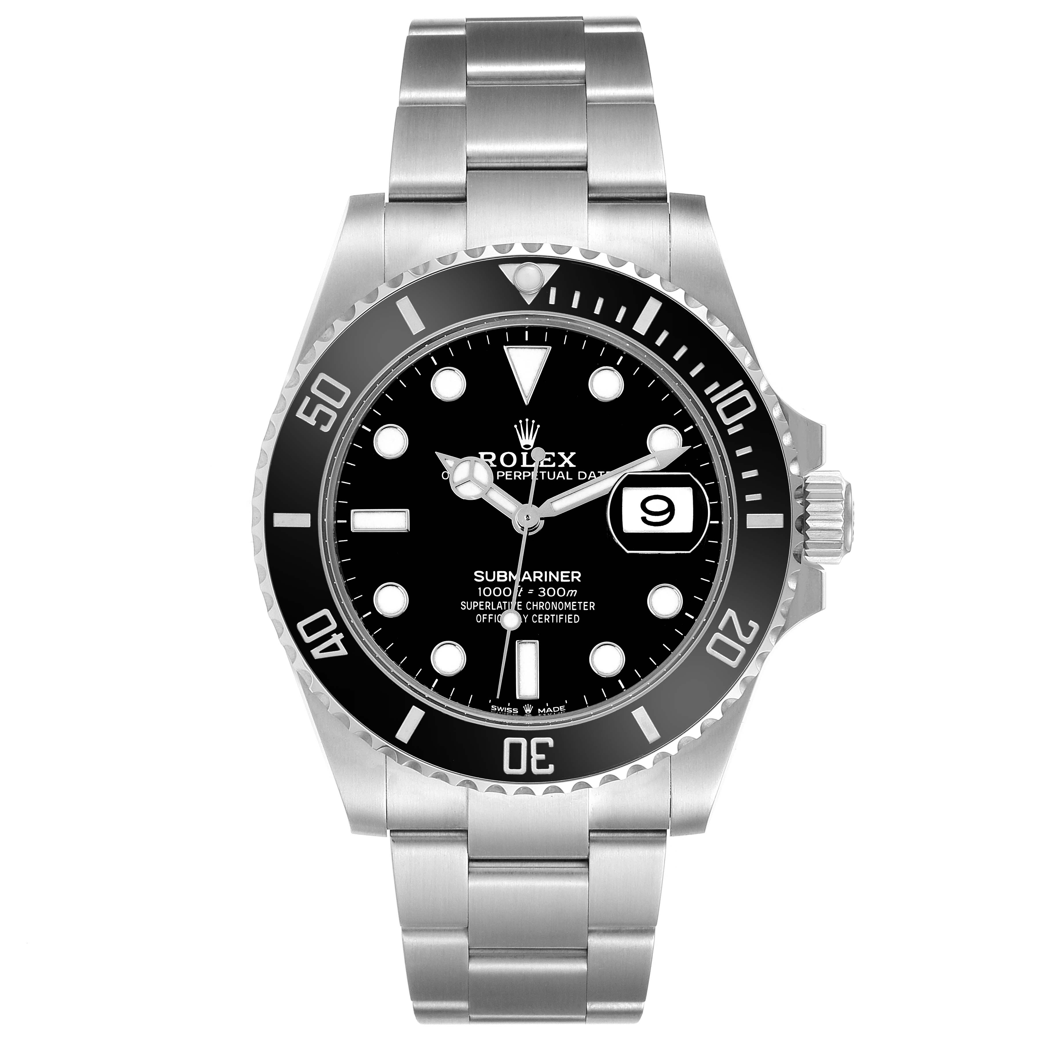 The Rolex Submariner 126610 Men
s Stainless Steel Black Dial watch is shown from a front angle, displaying the dial, bezel, bracelet, and crown.