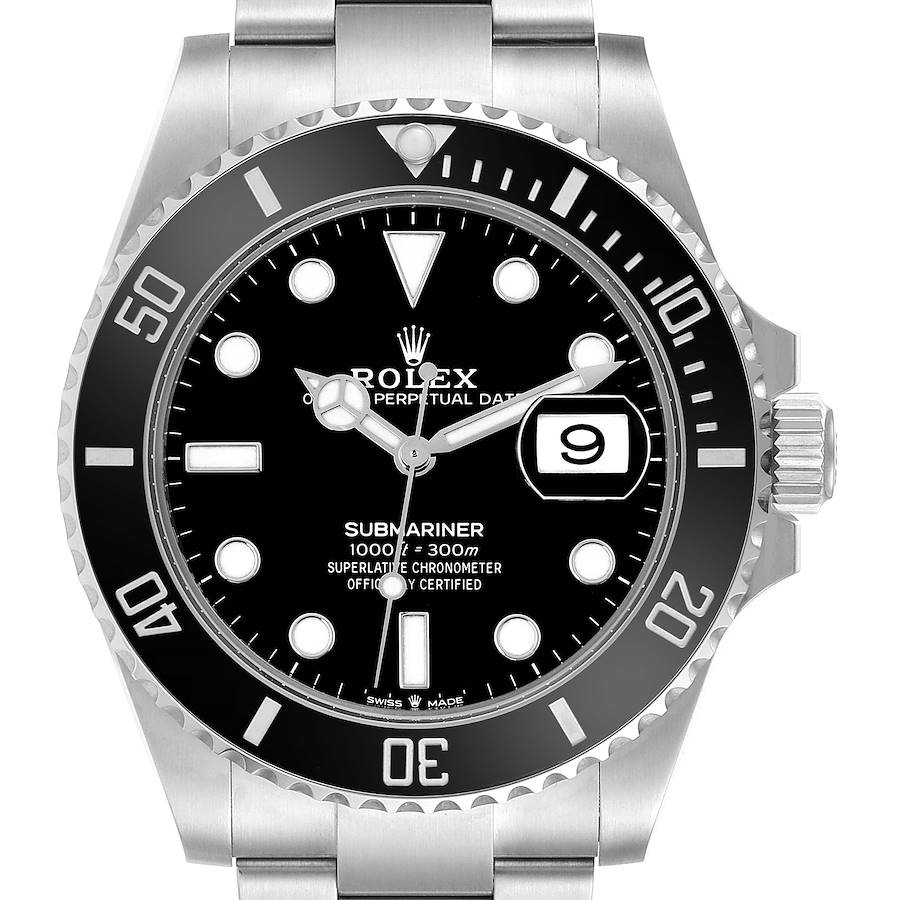 The image shows a front view of the Rolex Submariner model number 126610, displaying its black dial, date window, bezel, and part of the bracelet.